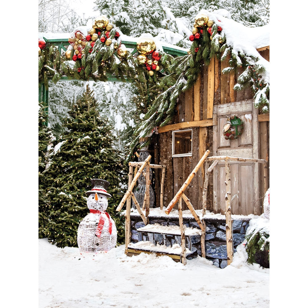 Snowman Cabin Printed Backdrop - Winter Holiday Photo Booth Background for Christmas Party Decorations & Family Portraits