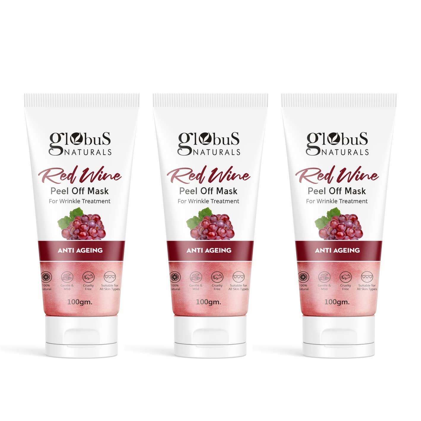 Globus Naturals Red Wine Peel Off Mask - Anti-Aging & Wrinkle Treatment for All Skin Types, 100g (Pack of 3) | Deep Cleansing & Skin Rejuvenation for Daily Skincare Routine