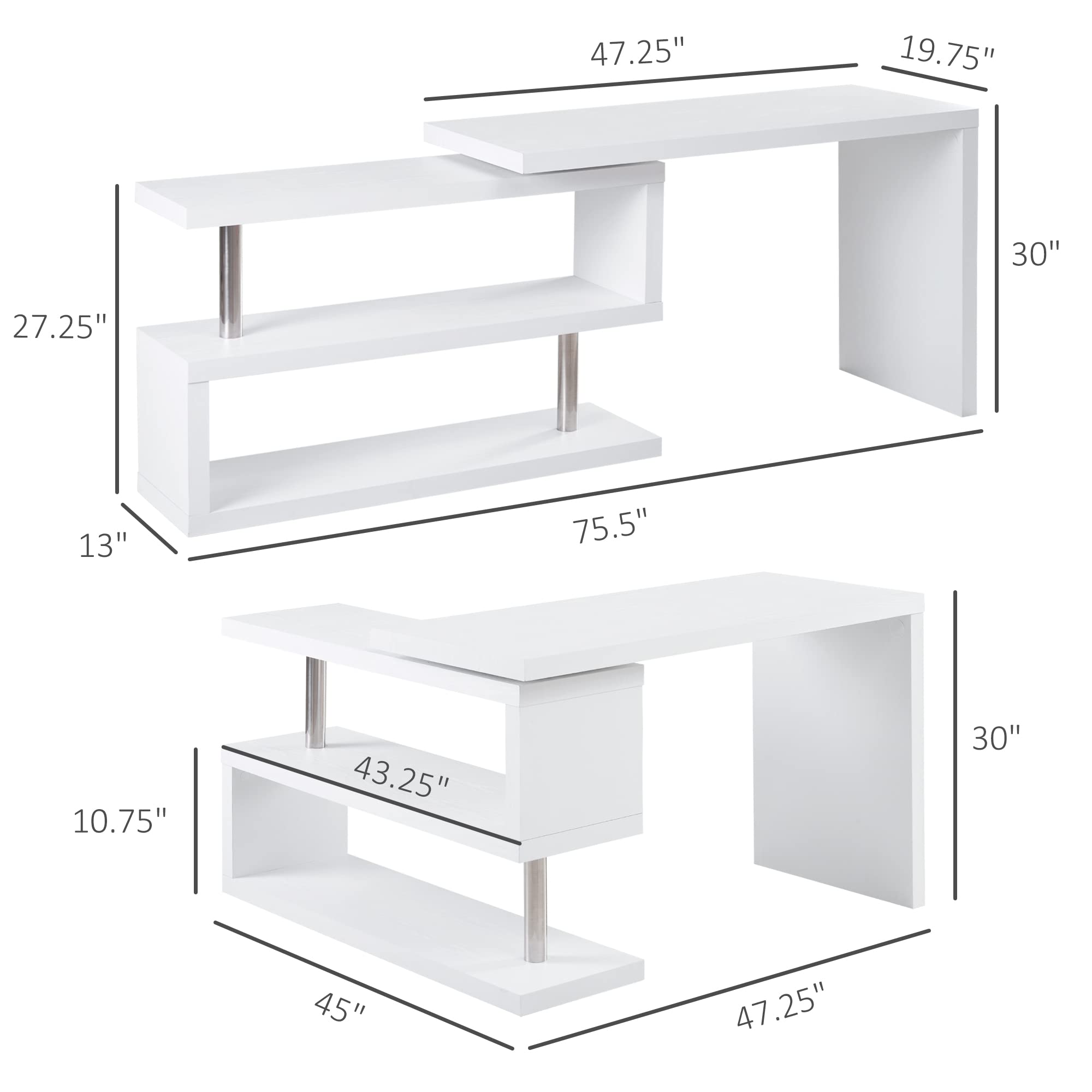 HOMCOM 360° Rotating L-Shaped Corner Computer Desk with 3-Tier Storage Shelves, White - Space-Saving Home Office Workstation for Small Spaces, Gaming & Study Setup