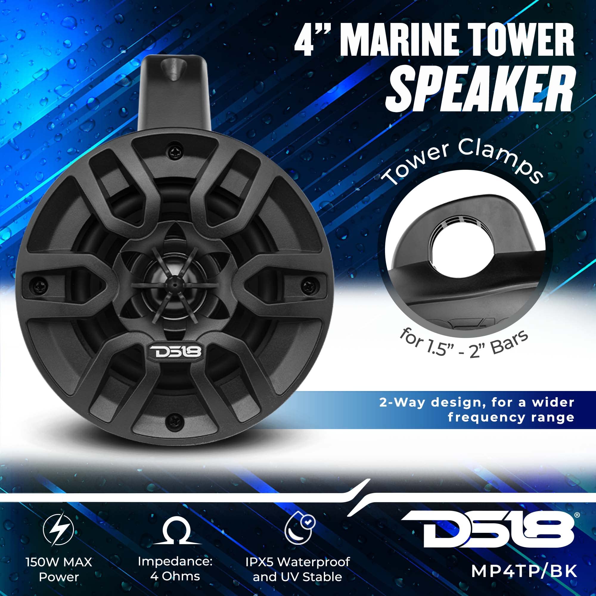 DS18 MP4TP.4A 4 Inch 600W Waterproof Bluetooth Marine Tower Speakers with Built-in Amplifier & Remote Control - Perfect for Boats, Yachts, and Outdoor Water Activities