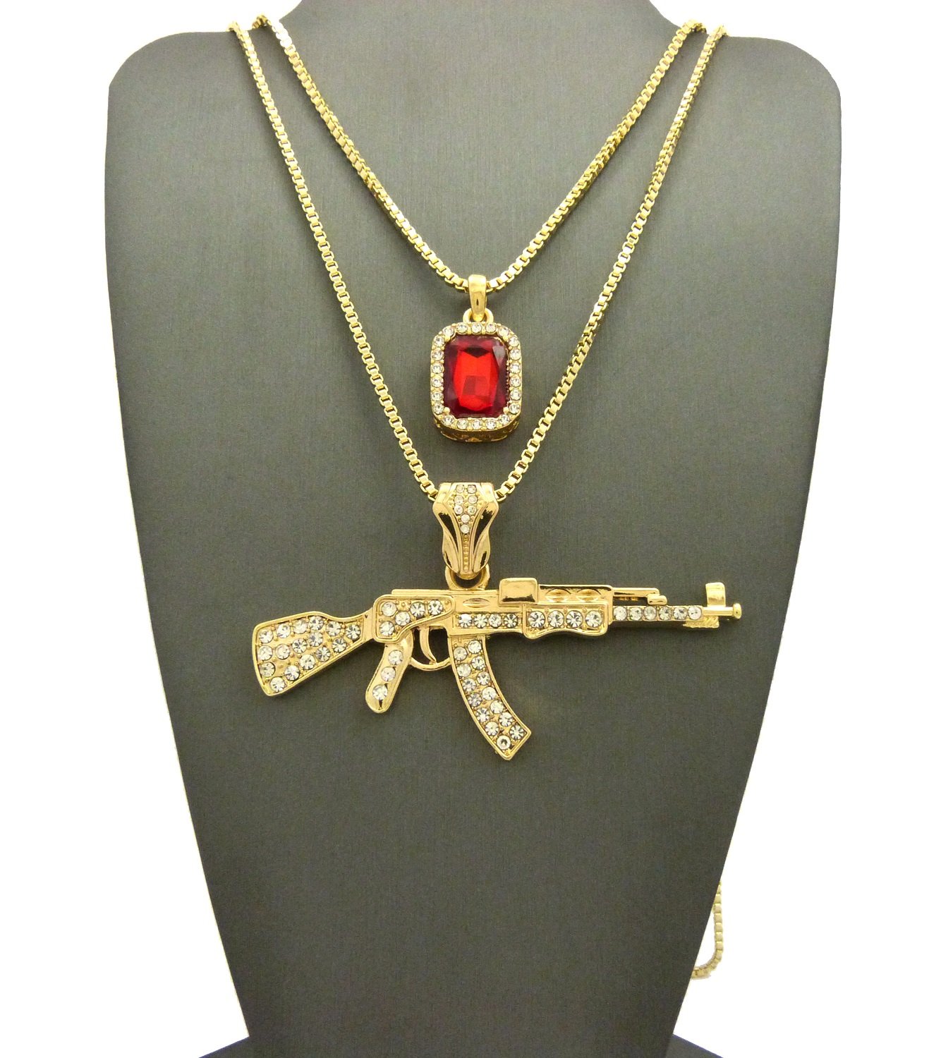 24K Gold Plated AK47 Machine Gun Pendant Necklace Set with Iced Out Gemstones - 24
