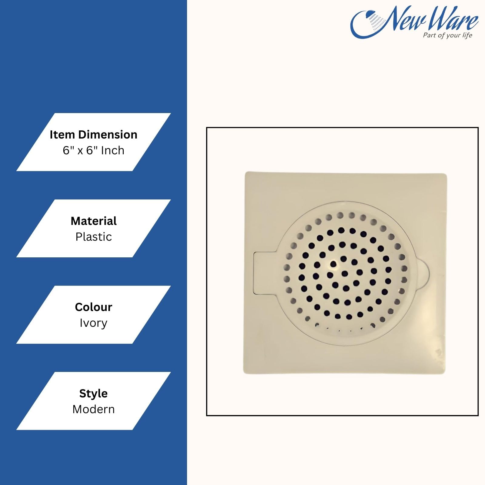 Premium Square Plastic Shower Floor Drain Cover with Removable Lid - 6x6 Inch Ivory Strainer for Bathroom, Kitchen & Utility Sinks - Anti-Clog Design for Hair & Debris - Ideal for Showers, Laundry Rooms & Outdoor Drains