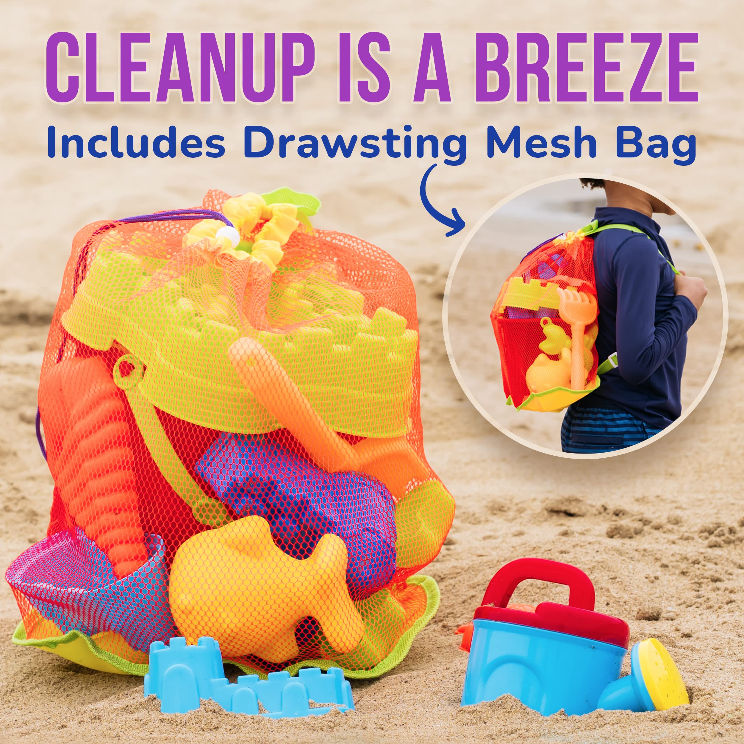 Click N' Play 13-Piece Beach Toys Set for Kids Ages 3-10 - Sand Bucket, Watering Can, Rake, Shovel & 9 Sand Molds with Mesh Storage Bag - Perfect for Beach, Sandbox, Backyard & Outdoor Play - Durable Summer Toys for Toddlers & Children
