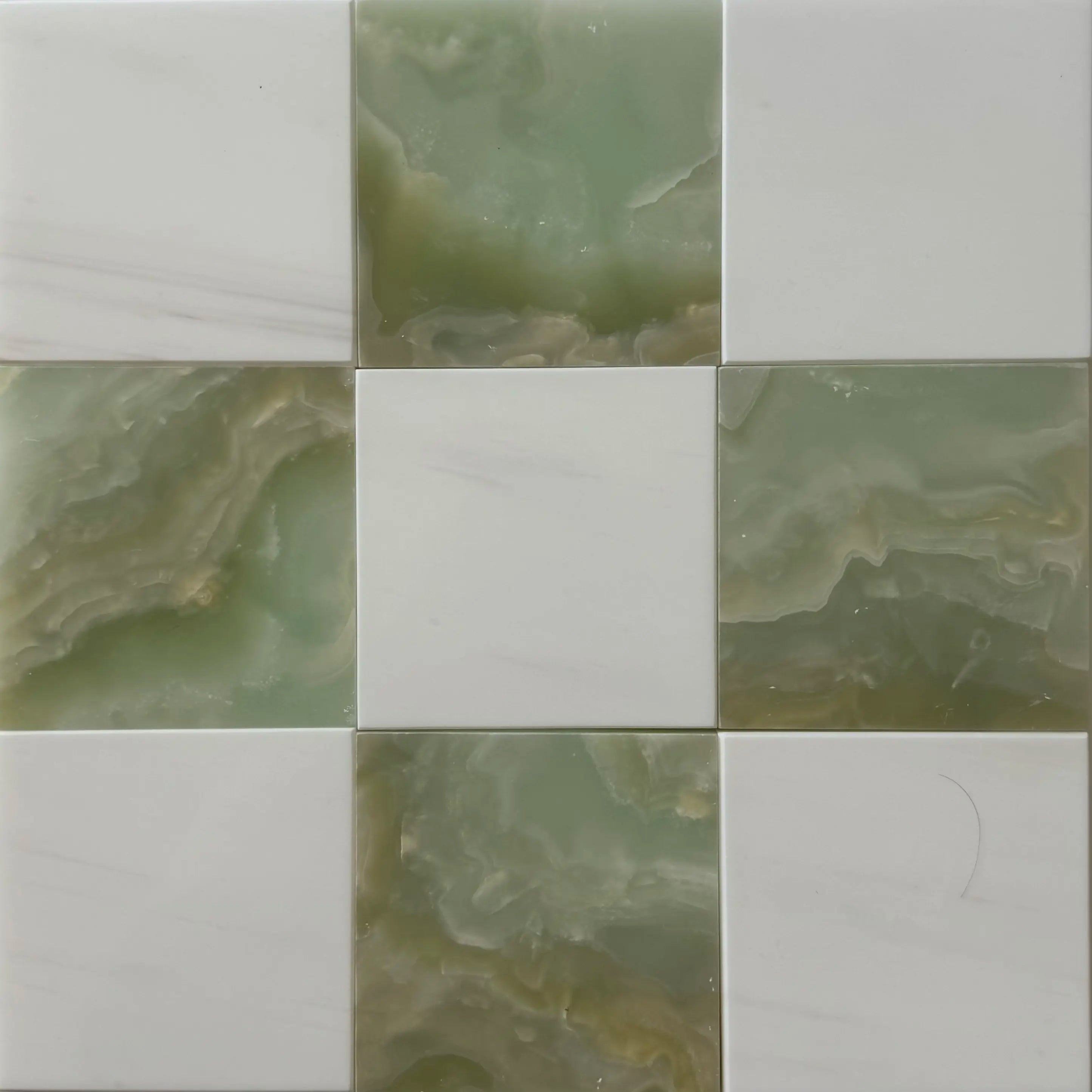 Premium Green Onyx & Bianco Dolomite Checkerboard Tiles - Polished or Honed Finish for Kitchen Backsplash, Bathroom Wall, and Flooring Design