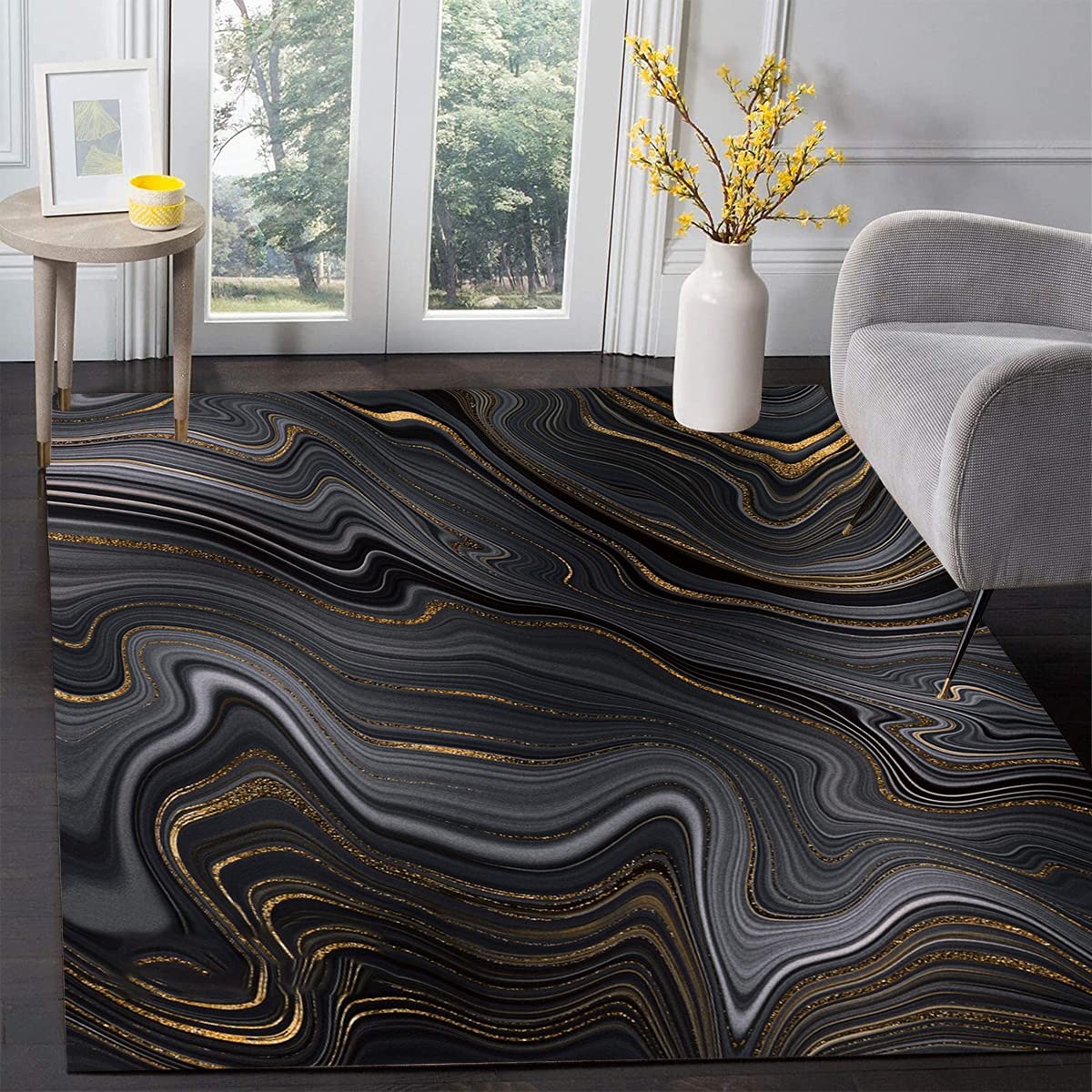 Vintage Marble Swirl Modern Area Rug 8x10 - Black Grey Gold Abstract Carpet for Living Room, Bedroom, Home Office - Non-Shedding Luxury Indoor Floor Mat - Perfect Under Dining Table, Kitchen Runner & Laundry Room Decor