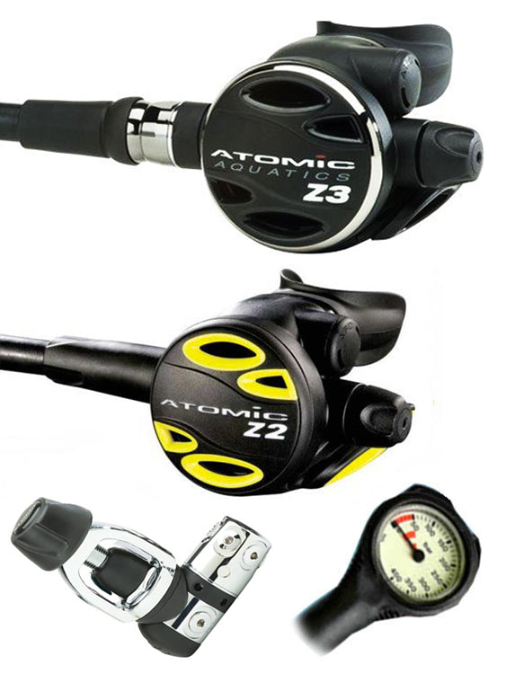 Atomic Aquatics Z3 Scuba Diving Regulator Set - DIN or Yoke First Stage with Free Termo Gauge | Professional Dive Gear for Warm & Cold Water Diving