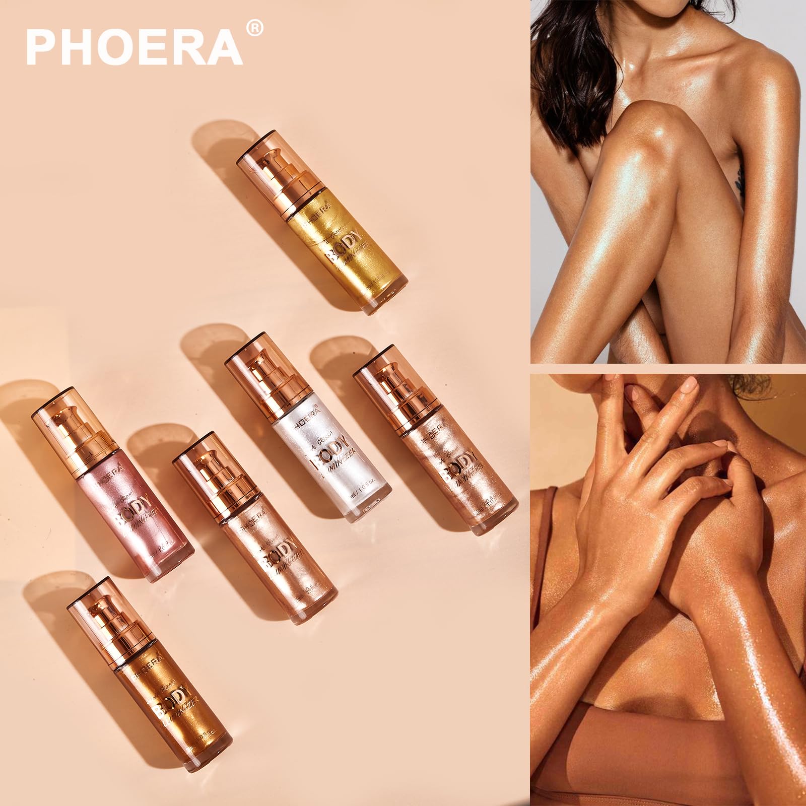 PHOERA Body Shimmer Oil & Bronzer - 2PCS Glistening Bronze Glow Oil with Makeup Brush | Natural Sunless Tanning Lotion for Legs, Face & Body | 1oz/Jar Shimmer Highlighter for Summer, Beach & Party Glow