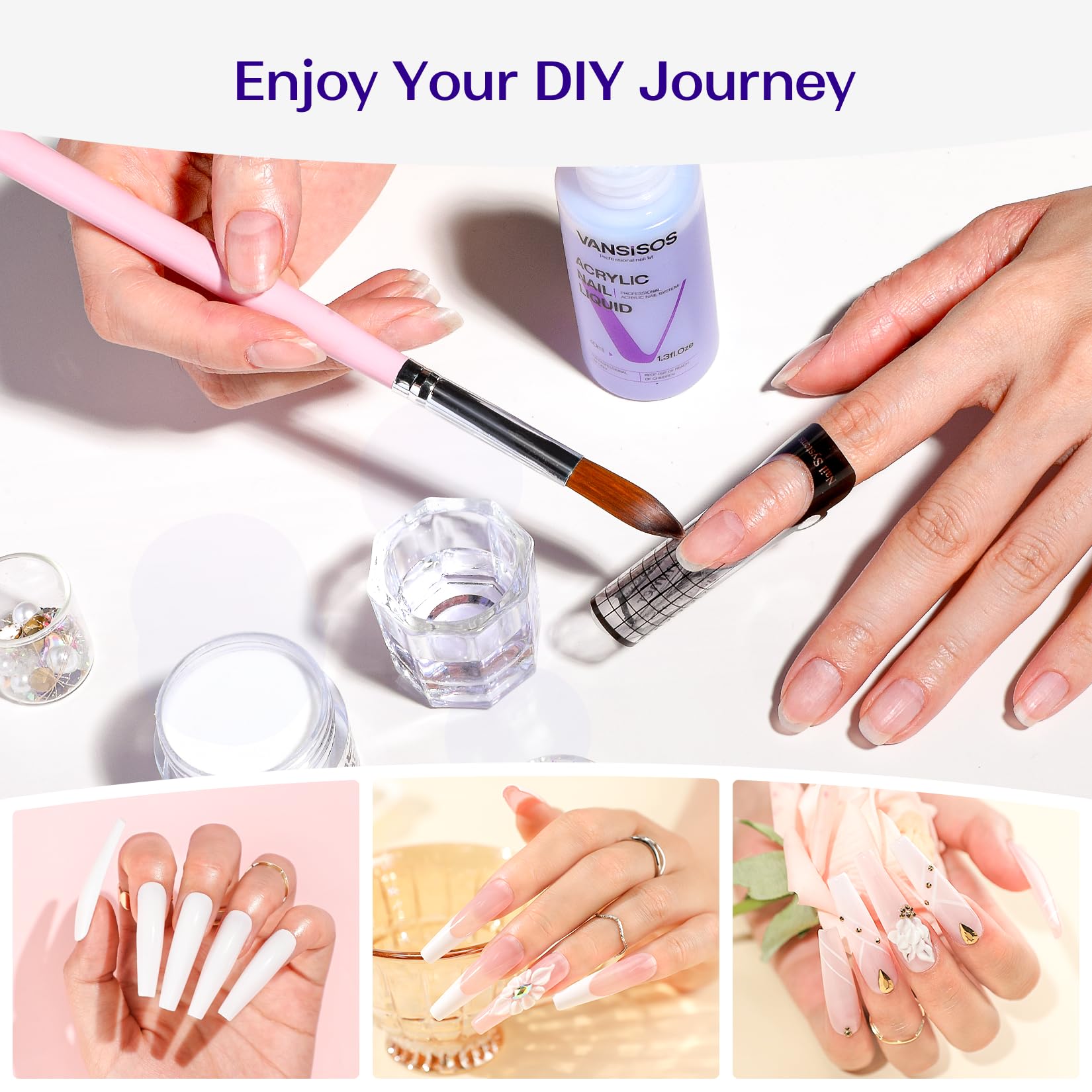 Professional Acrylic Nail Kit for Beginners - Clear White Pink Powder & Liquid Set with Nail Brushes | DIY Manicure & Salon Quality Nails at Home | Perfect for Parties, Weddings & Special Occasions