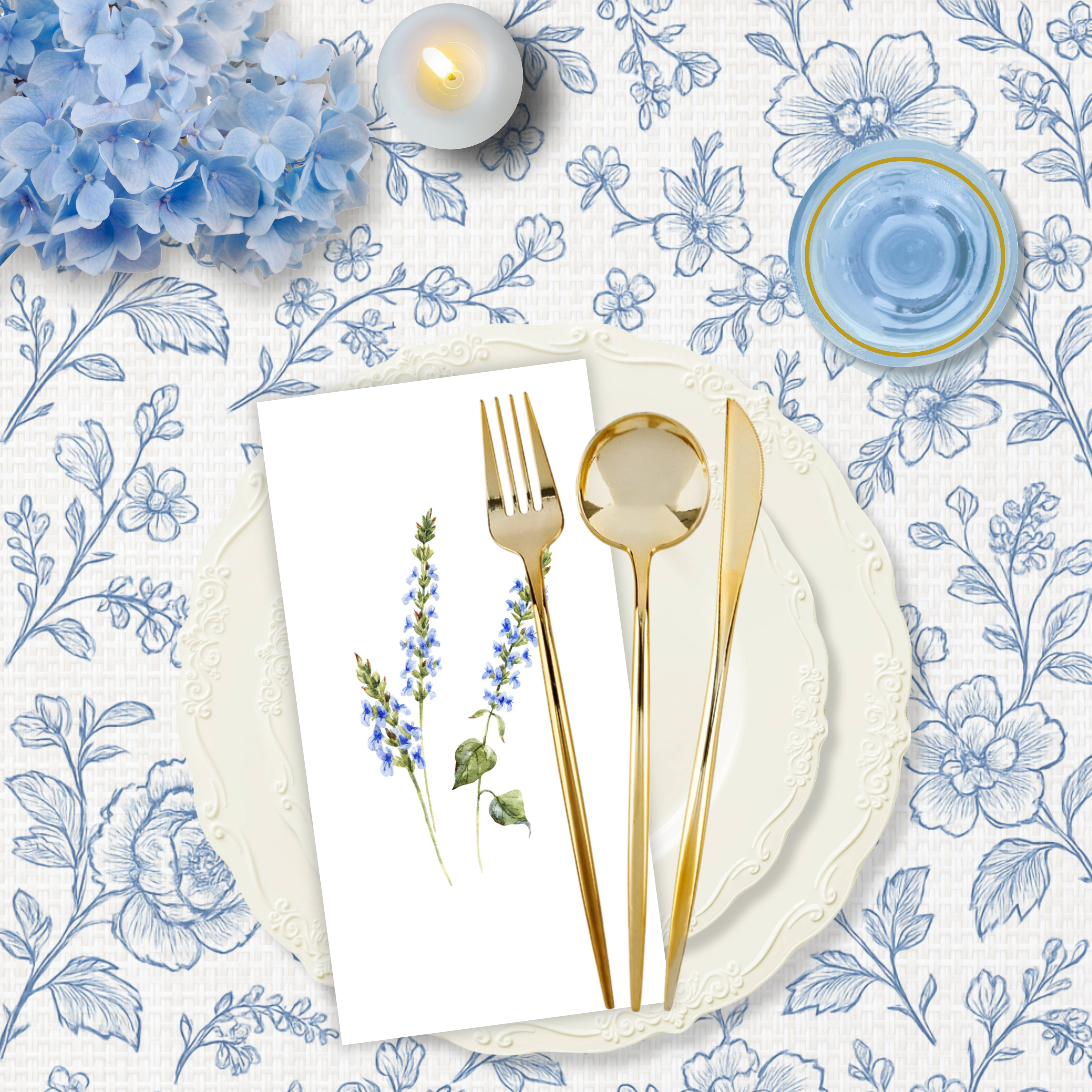 Elegant Cream and Blue Disposable Plastic Party Bundle - Vintage Theme - Perfect for Weddings, Baby Showers & Birthday Celebrations