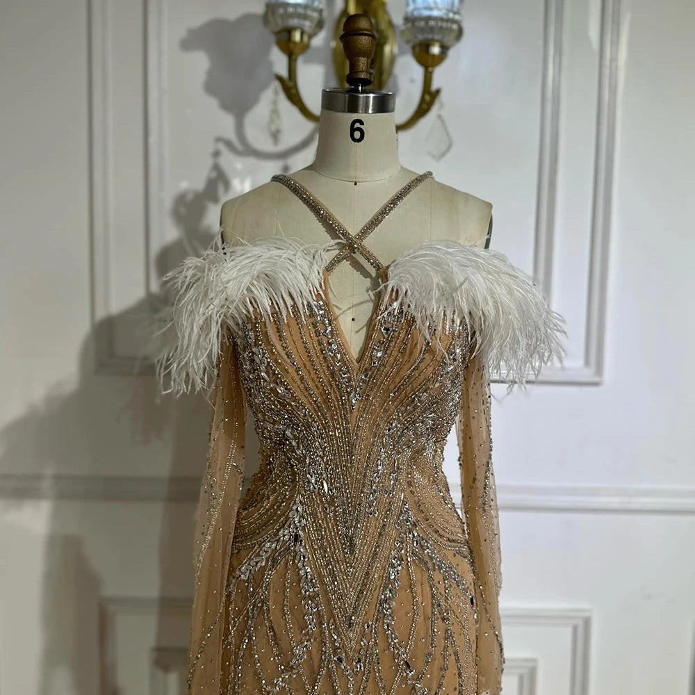 Luxury Dubai Blue Feather Beaded Mermaid Evening Gown for Women - Formal Dresses for Prom, Gala & Special Occasions - Elegant Beaded Sequin Gowns LA72836