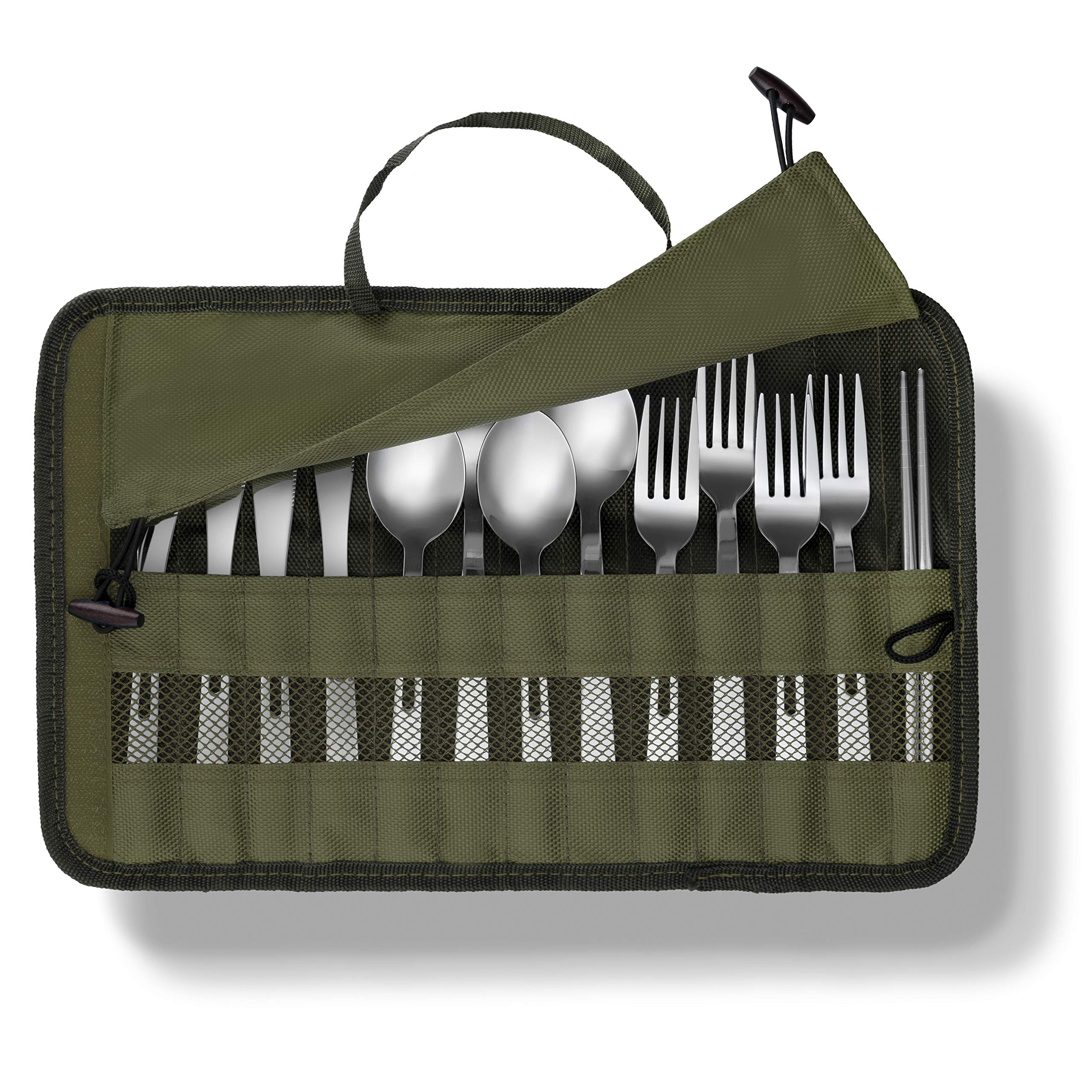 13-Piece Stainless Steel Cutlery Set with Travel Case - Forks, Spoons, Knives & Chopsticks - Perfect for Camping, Hiking, BBQs, Picnics & Outdoor Dining - Durable Green Nylon Commuter Case