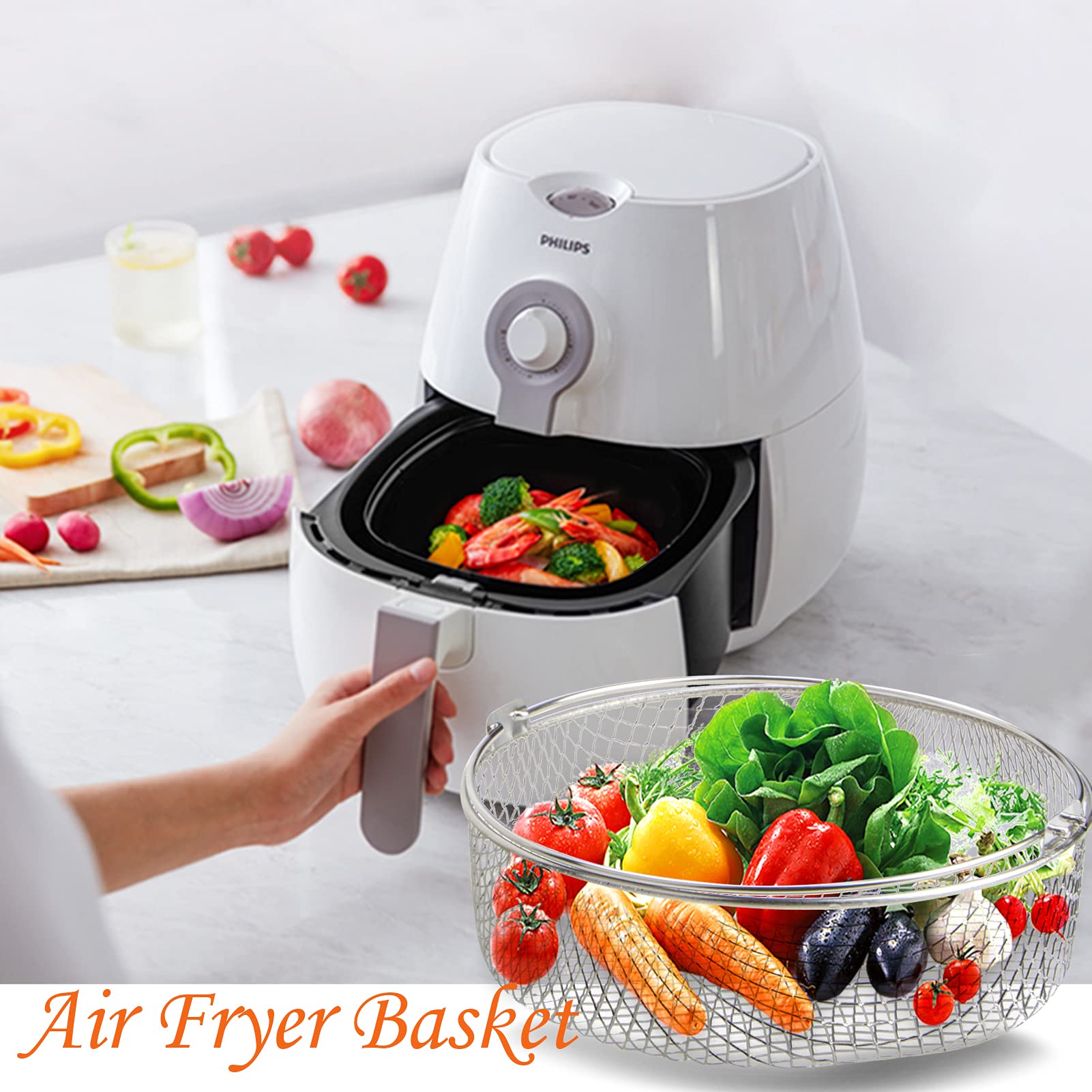 Stainless Steel Air Fryer Basket & Steamer Basket for Instant Pot 6Qt 8Qt - 8 Inch 304 Stainless Steel Mesh Basket with Handle - Perfect for Frying, Steaming, Roasting & Healthy Cooking Accessories