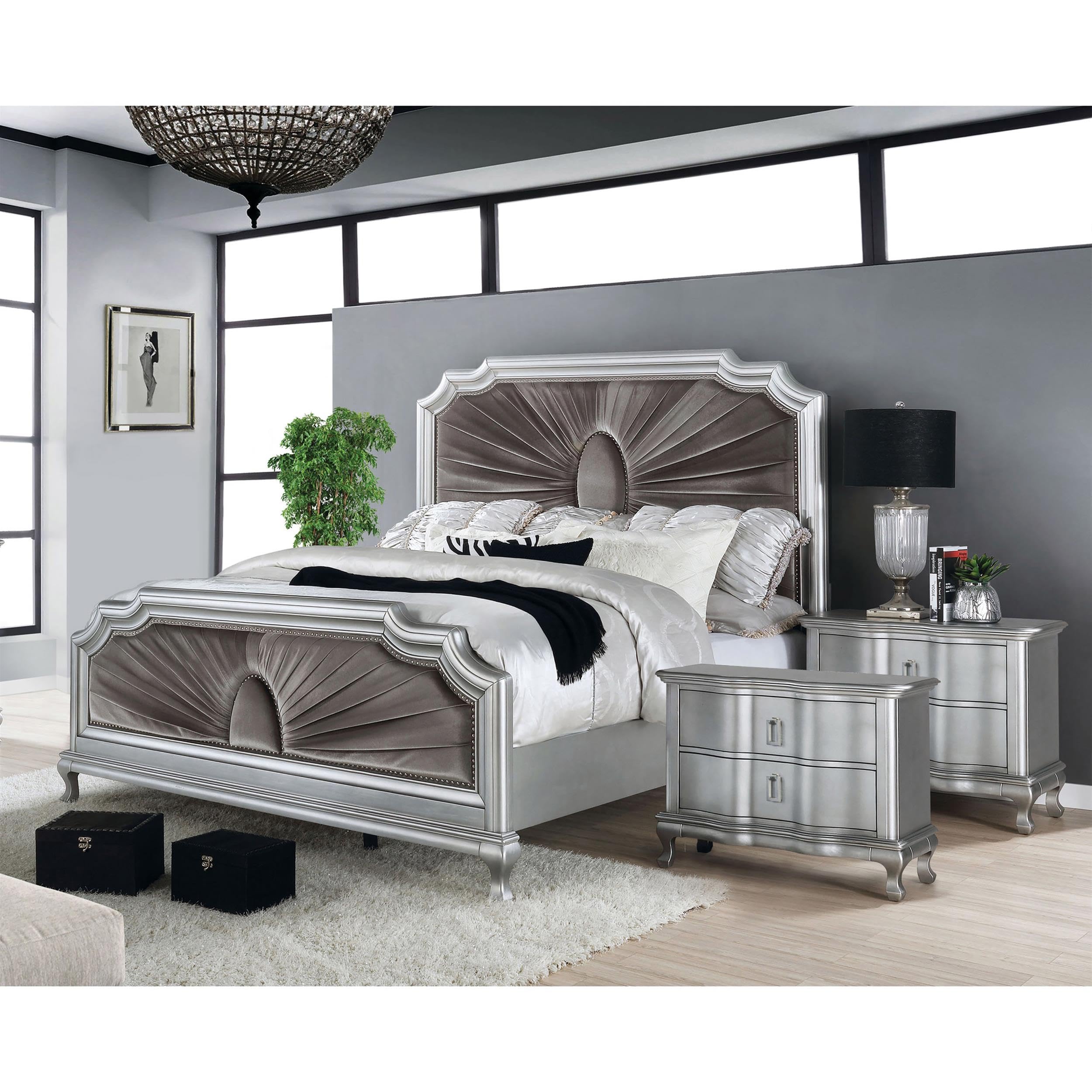Furniture of America FOA Pappa Glam 3-Piece Silver Wood Bedroom Set - Queen Size Bed Frame with 2 Nightstands for Modern Master Bedroom Decor