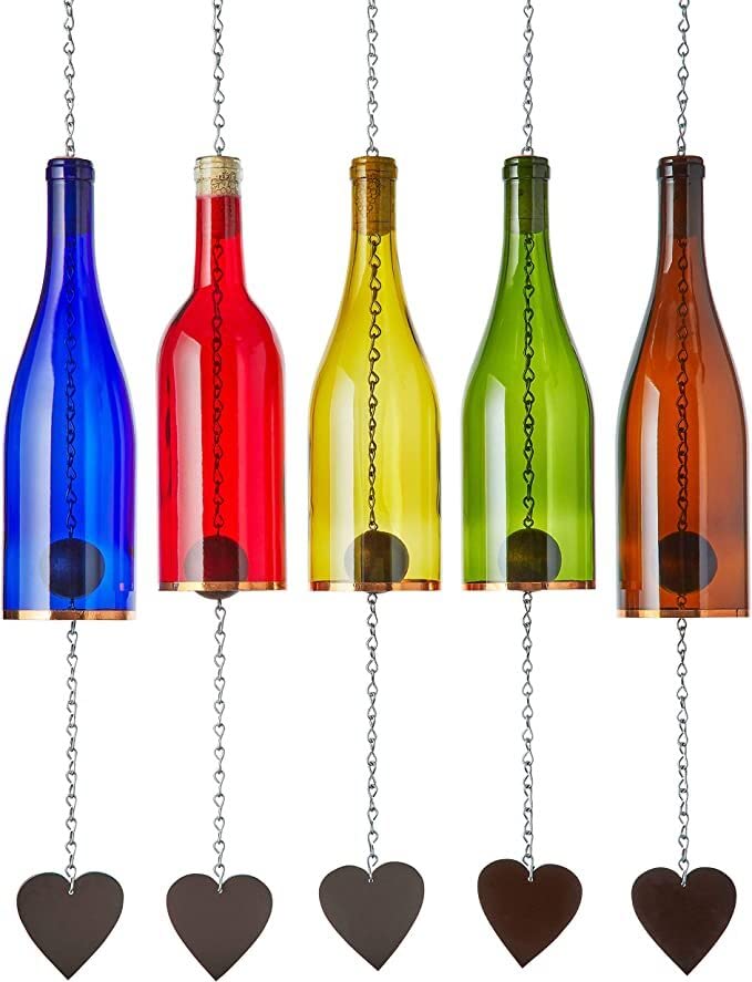 Handmade Wine Bottle Wind Chime Set of 5 - Outdoor & Indoor Decorative Wind Chimes, Glass Bottle Suncatcher for Garden, Patio, Home - Unique Gift for Women, Housewarming, Wedding