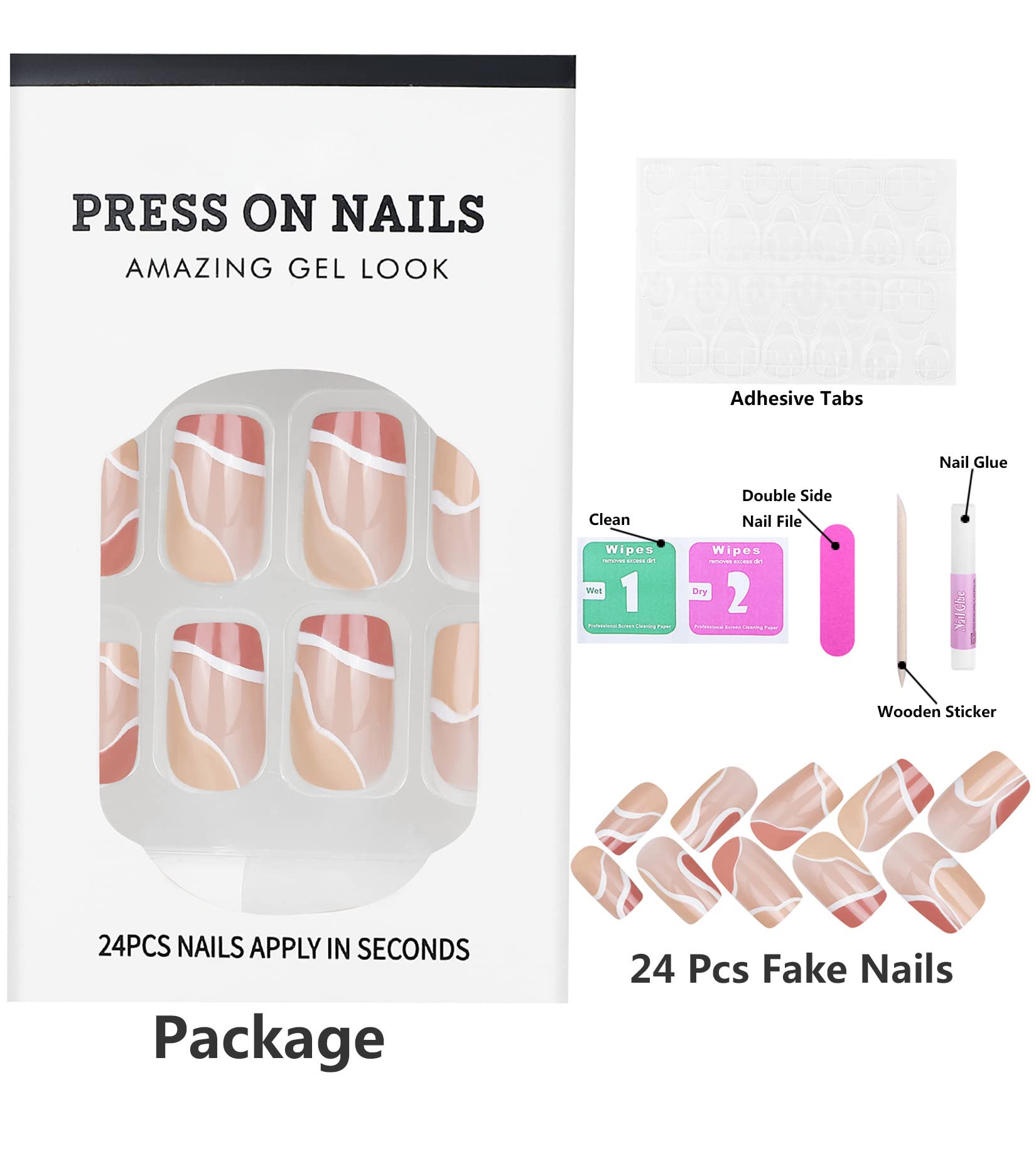 24 Pcs Short Press on Nails with Glue - Glossy Fake Nails for Women & Girls, Brown Nude French Design - Perfect for Parties, Weddings & Everyday Wear