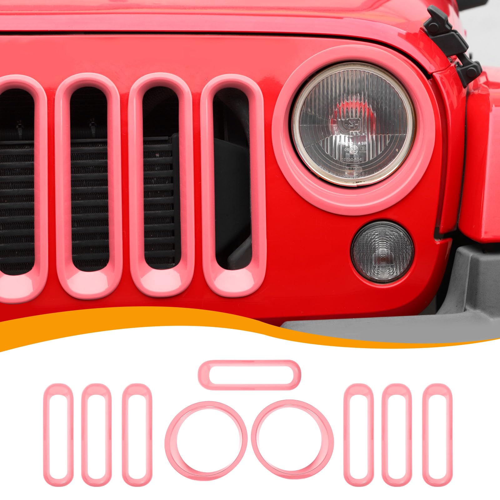 Hoolcar Pink Front Grille Insert Cover & Headlight Bezel Cover Trim for Jeep Wrangler JK JKU 2007-2017 - Durable Exterior Accessories for Off-Road Adventure & Custom Styling