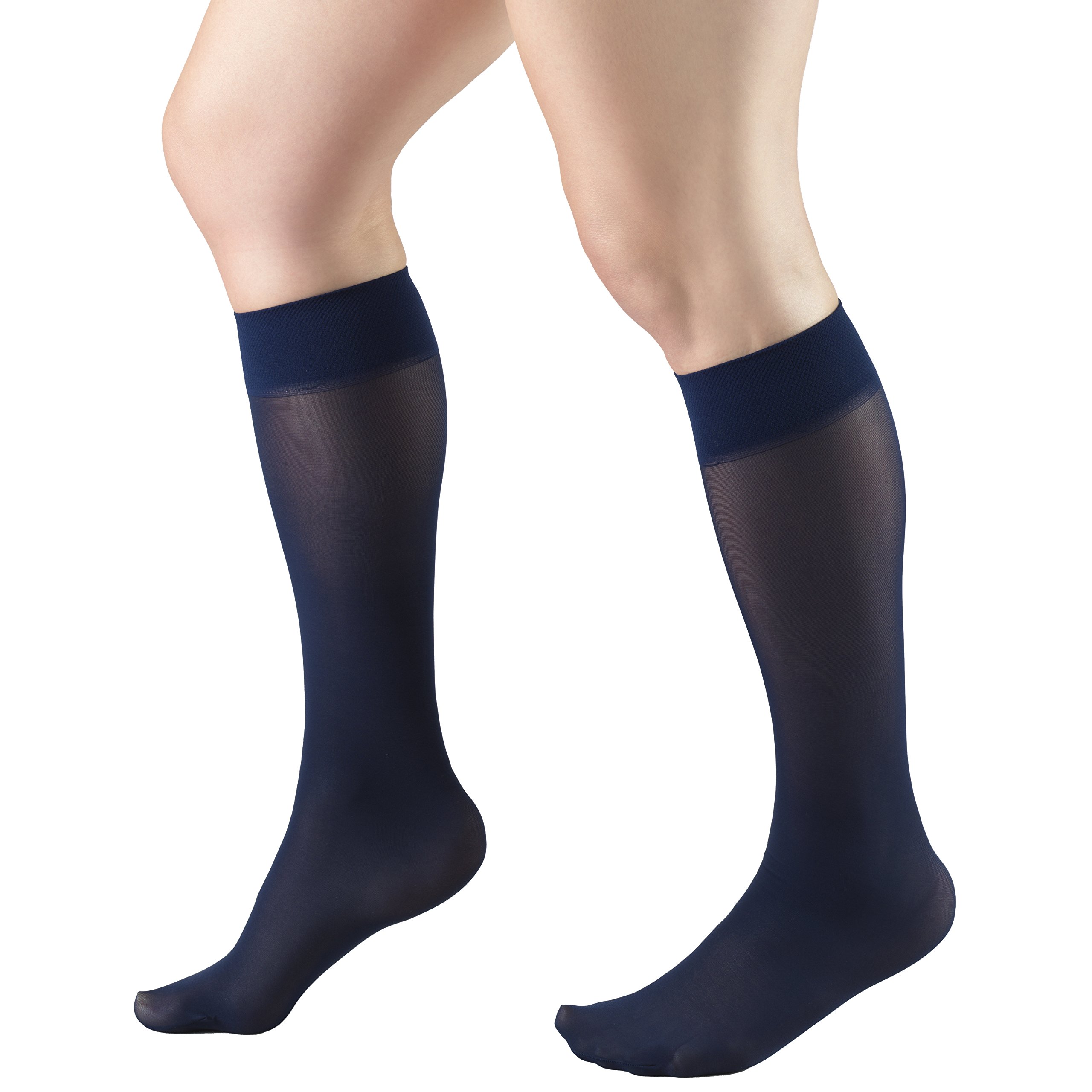 Truform Sheer Compression Stockings 8-15 mmHg for Women - Knee High Support Socks, 20 Denier Nylon, Navy Blue, Large Size - Perfect for Travel, Work & Varicose Vein Relief