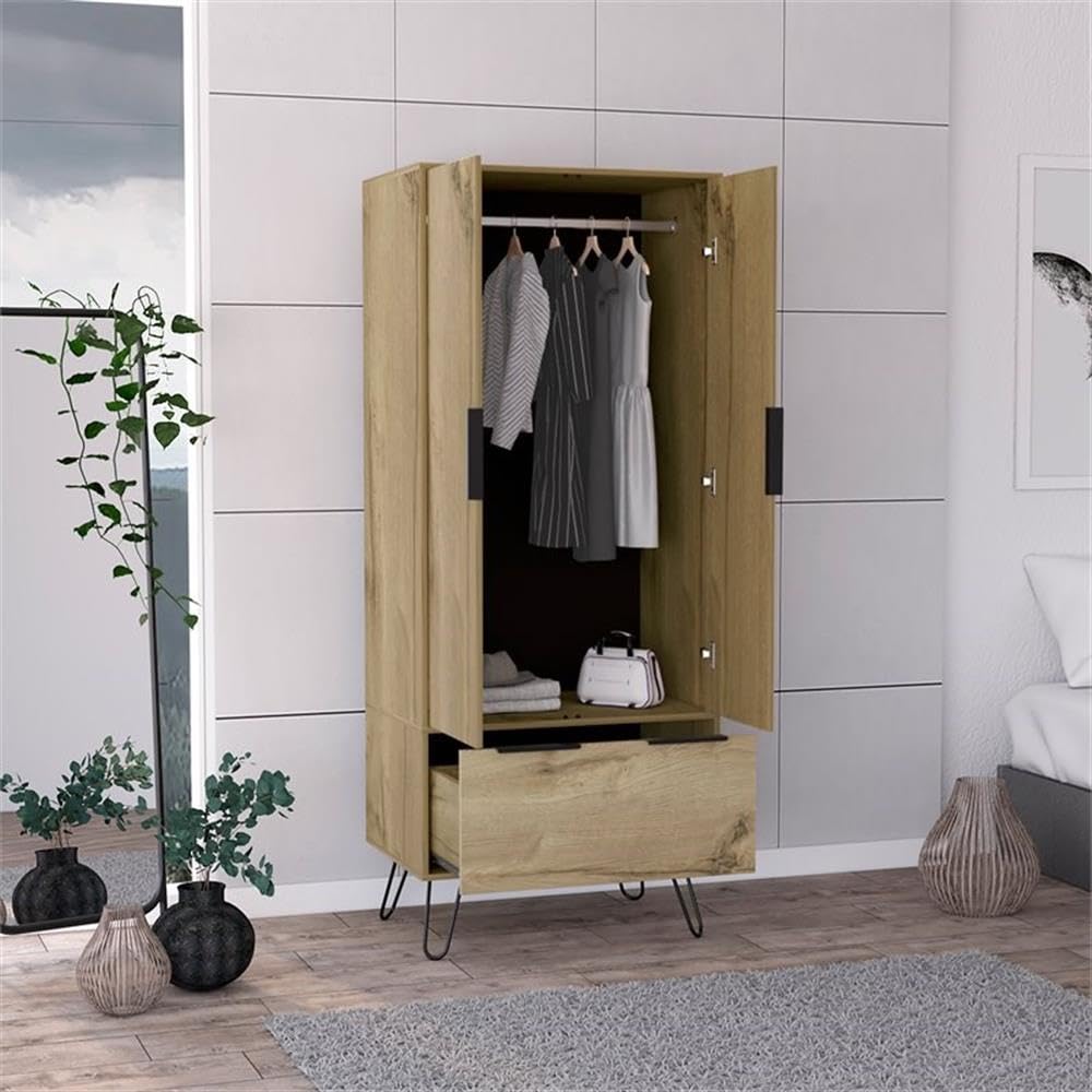 Atlin Designs Light Oak Wood Closet - 2 Door Cabinets & 1 Drawer Storage Organizer for Bedroom, Hallway, or Entryway