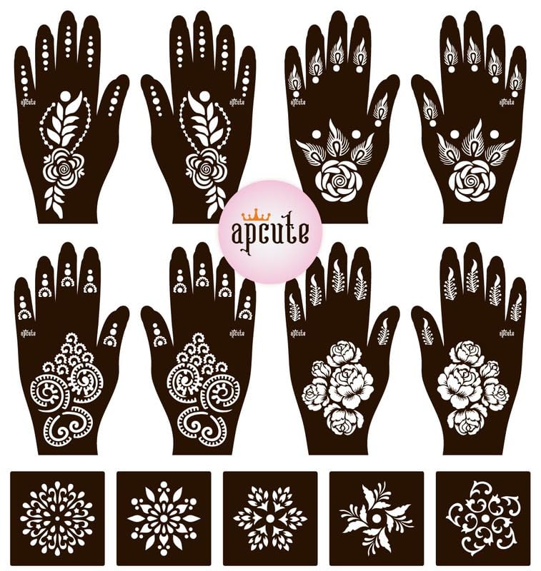 Apcute 13-Piece Mehendi Stencil Kit | Temporary Henna Tattoo Stencils for Full Hand Designs - Easy 4-Step Application for Women & Girls | Perfect for Weddings, Festivals, and Cultural Celebrations