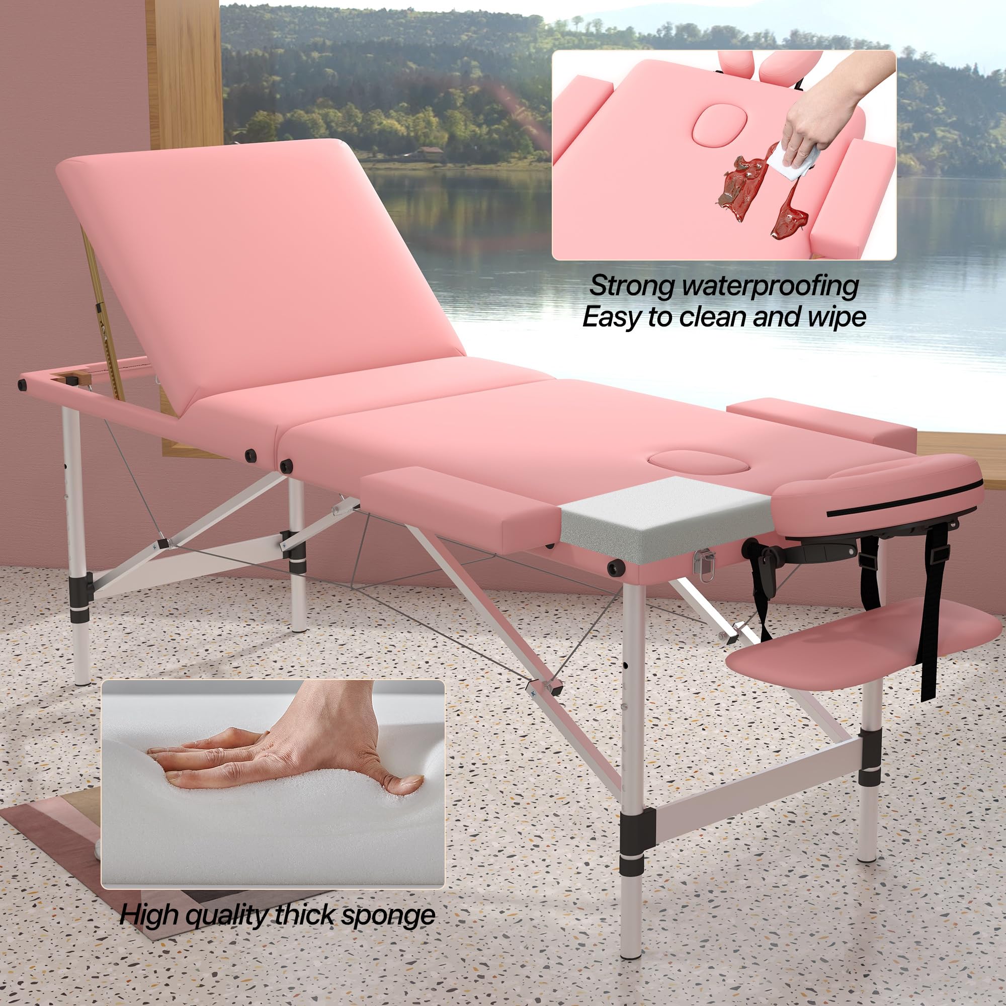Portable 3-Section Foldable Massage Table - Adjustable Height Tattoo & Lash Spa Bed with Face Cradle - Lightweight Aluminum Frame Facial Salon Bed for Home Use (Light Pink) | Perfect for Professional Massage Therapists, Tattoo Artists & Home Spa Treatments