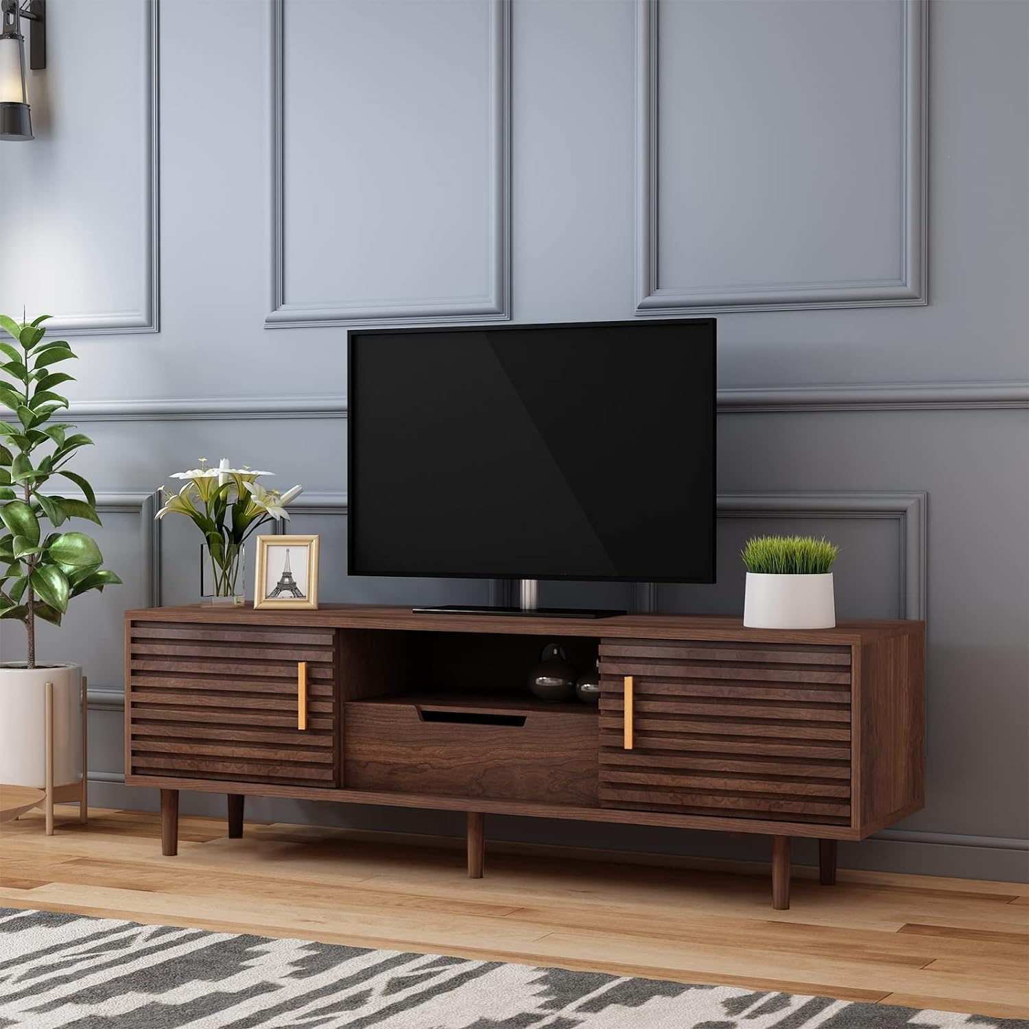 Mid-Century Modern TV Stand for 60-Inch TV - Brown Wooden Media Console with Storage Cabinet - Perfect for Living Room Home Entertainment & Stylish Décor