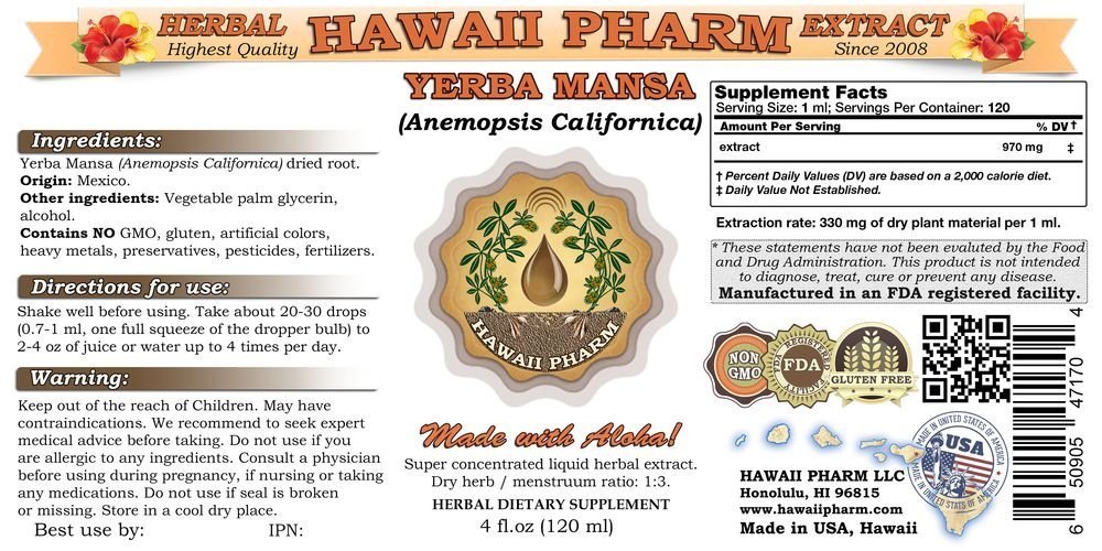 Yerba Mansa Liquid Extract (Anemopsis Californica) - 32 fl.oz Herbal Tincture Supplement | USA-Made by Hawaii Pharm | Supports Wellness & Immune Health - Perfect for Herbal Remedies, Natural Healing & Holistic Lifestyle