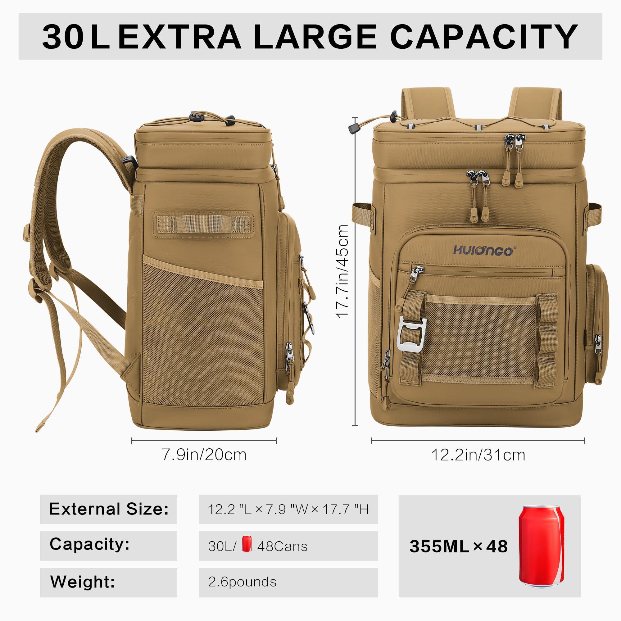 Large 30L Waterproof Insulated Cooler Backpack for Men & Women - Leak Proof Picnic, Camping, Beach, Fishing & Travel Backpack - Holds 48 Cans - Perfect for Outdoor Adventures, Tailgating & Road Trips