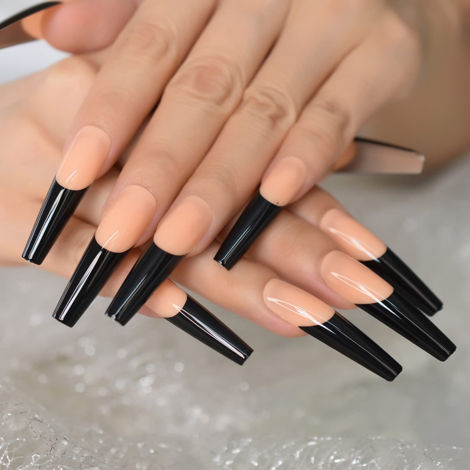 XXL Long Coffin Press On Nails - Orange & Black French Tip Fake Nails | Full Cover Glossy Ballerina False Nails for Manicure | Perfect for Halloween, Parties & Special Occasions