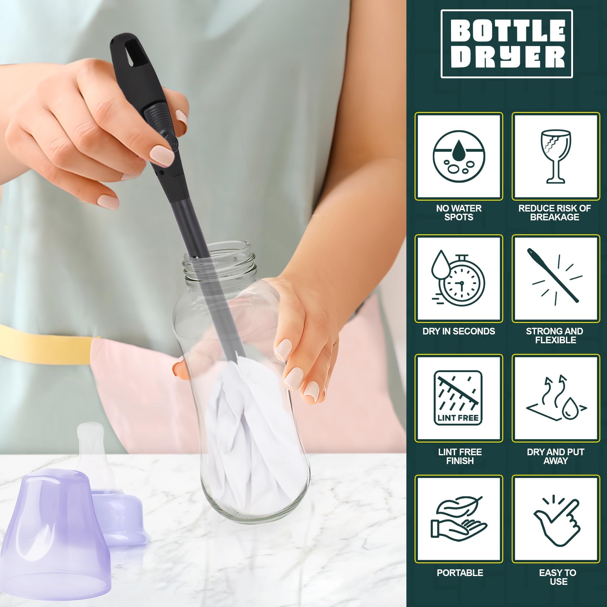 Space Saving Bottle Drying Wand with Paper Towel Attachment - Quick Drying Solution for Baby Bottles, Cups & Kitchenware - Perfect for Nurseries, Kitchens & Dish Racks (Black)