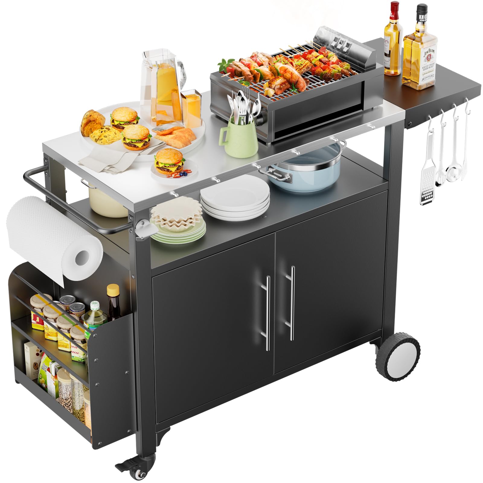 **Portable Outdoor Grill Cart with Storage - Waterproof BBQ Serving Table with Hooks & Spice Rack - Ideal for Backyard Parties, Home Gatherings & Patio Cooking**