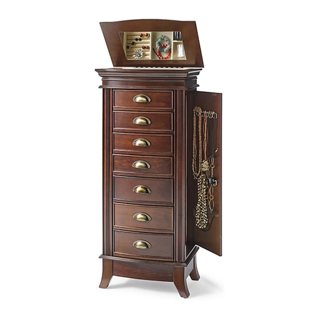 Alexa Walnut Jewelry Armoire with 7 Drawers - Classic Wooden Jewelry Organizer with Multiple Compartments for Necklaces, Rings & Bracelets - Perfect for Bedroom Vanity, Closet Storage & Gift Giving