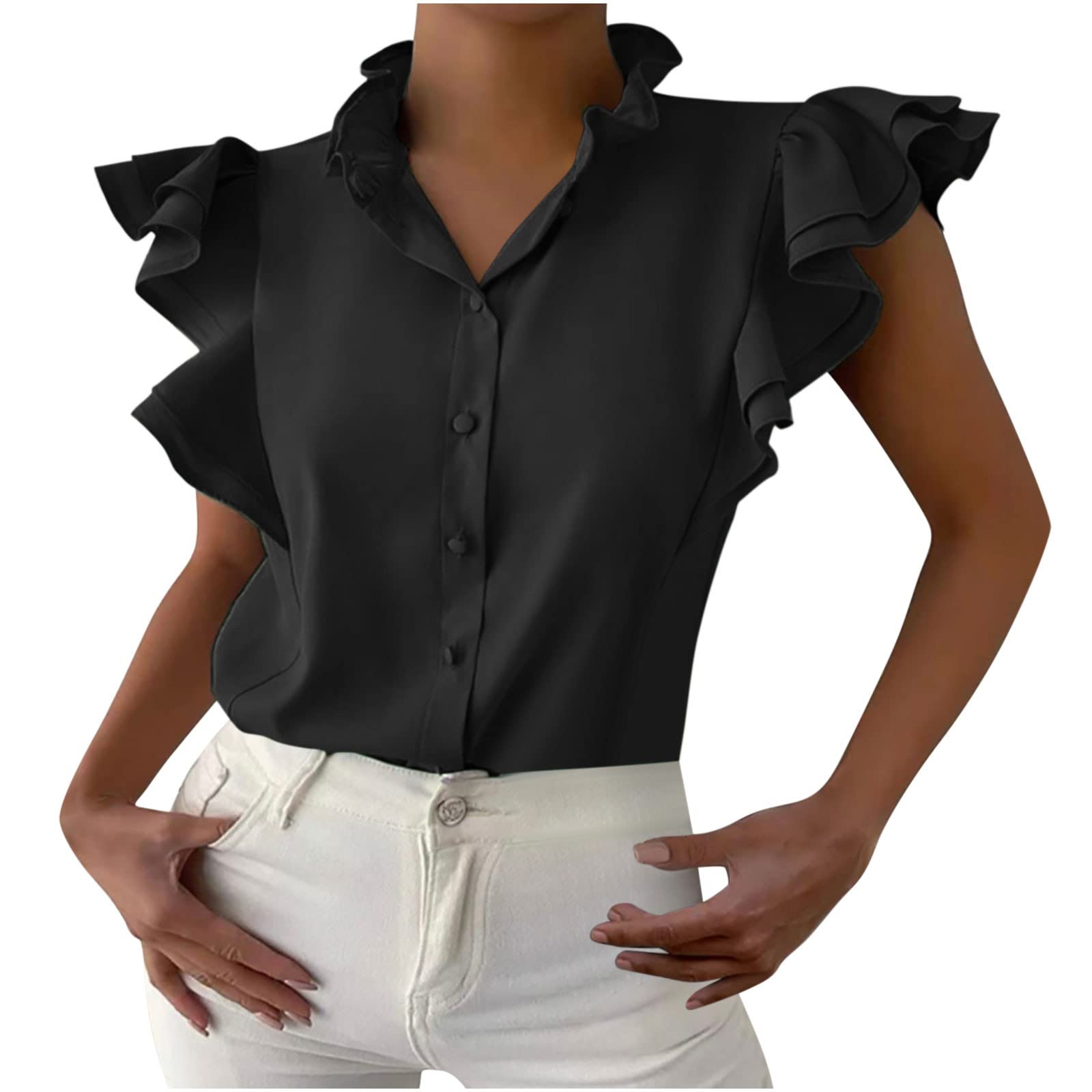 Women's Casual Summer Tops - Solid Color Ruffle Sleeve Button V-Neck Shirts & Blouses | Fashion T-Shirts for Everyday Wear, Work & Outings