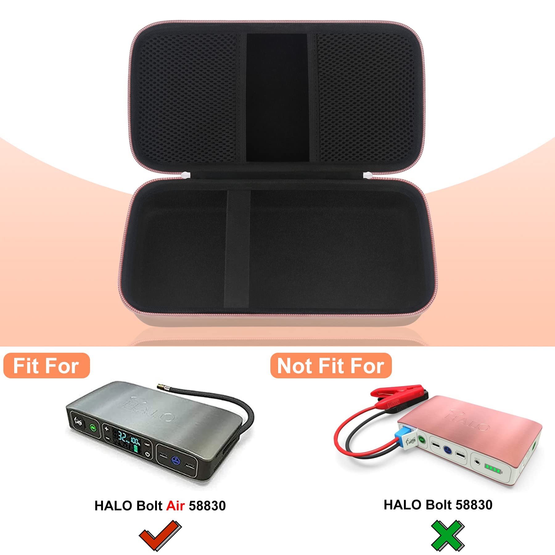 Elonbo Rose Gold Carrying Case for Halo Bolt Air 58830 mWh Portable Power Bank - Protective Storage Pouch with Extra Mesh Pocket for Car Battery Jump Starter, Jumper Cables & Accessories - Perfect for Travel, Camping & Emergency Power Backup