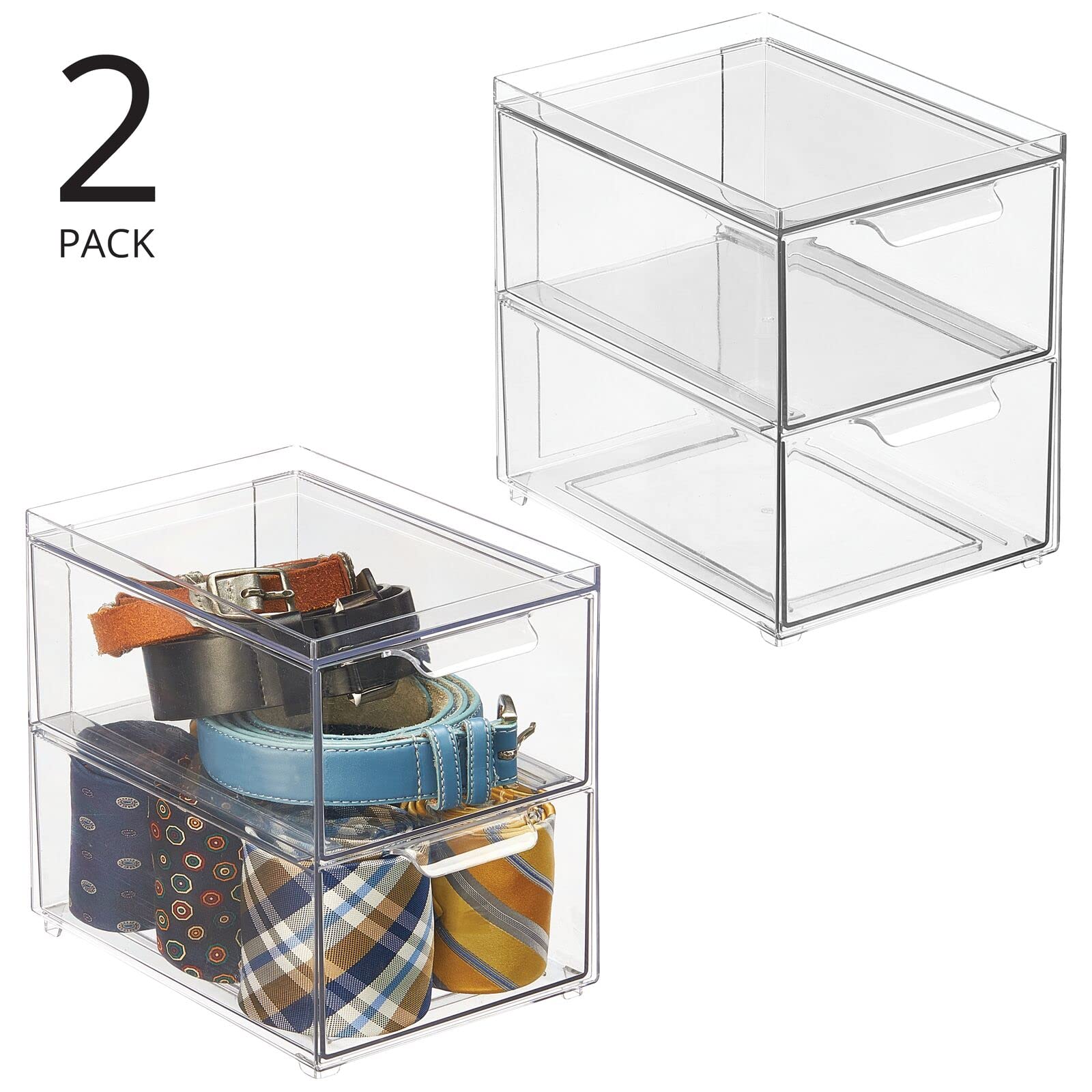 mDesign Stackable Storage Containers with 2 Pull-Out Drawers - Clear Plastic Organizer Bins for Closet, Bedroom & Entryway - Lumiere Collection 2-Pack - Perfect for Clothes, Linens & Seasonal Storage
