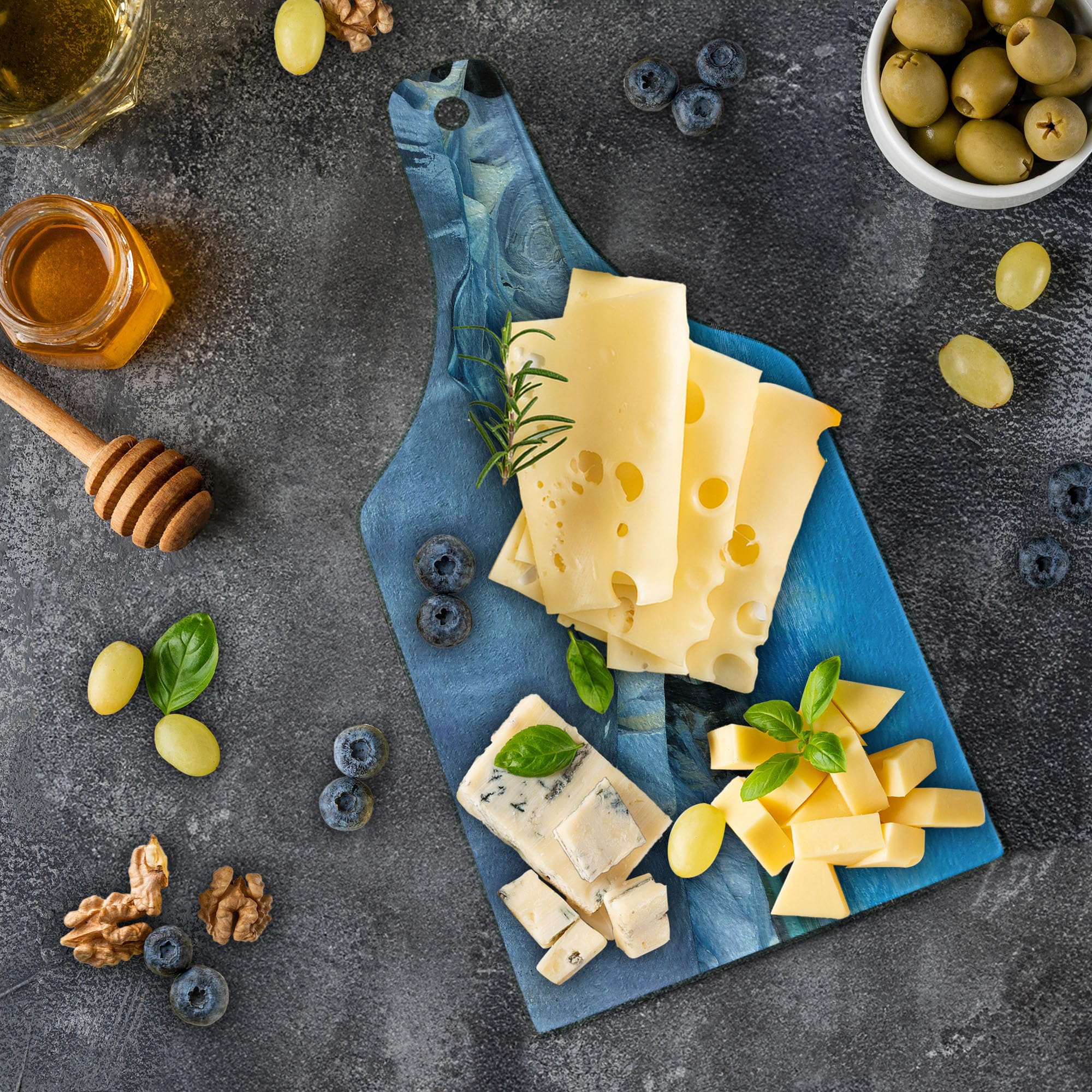 Ambesonne Blue Marble Glass Cutting Board - Chile Carrera Lake Inspired, Tempered Glass Serving Board for Kitchen, Wine Bottle Shape - Perfect for Charcuterie, Cheese, and Entertaining (Blue, Purple, Grey, White)