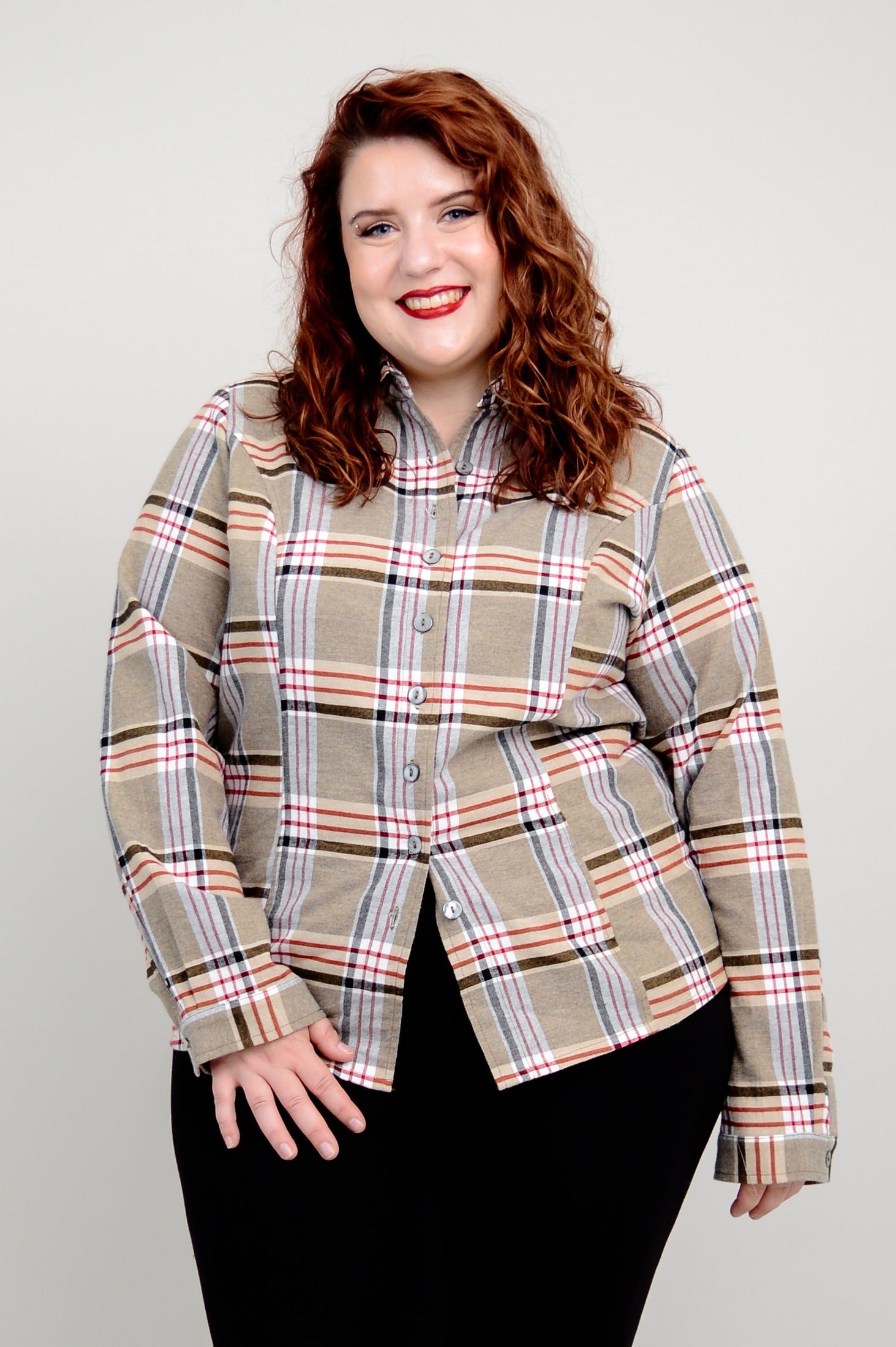 Alexis Top - Taupe Plaid Cotton Flannel Shirt for Women | Cozy Fall & Winter Layering Essential