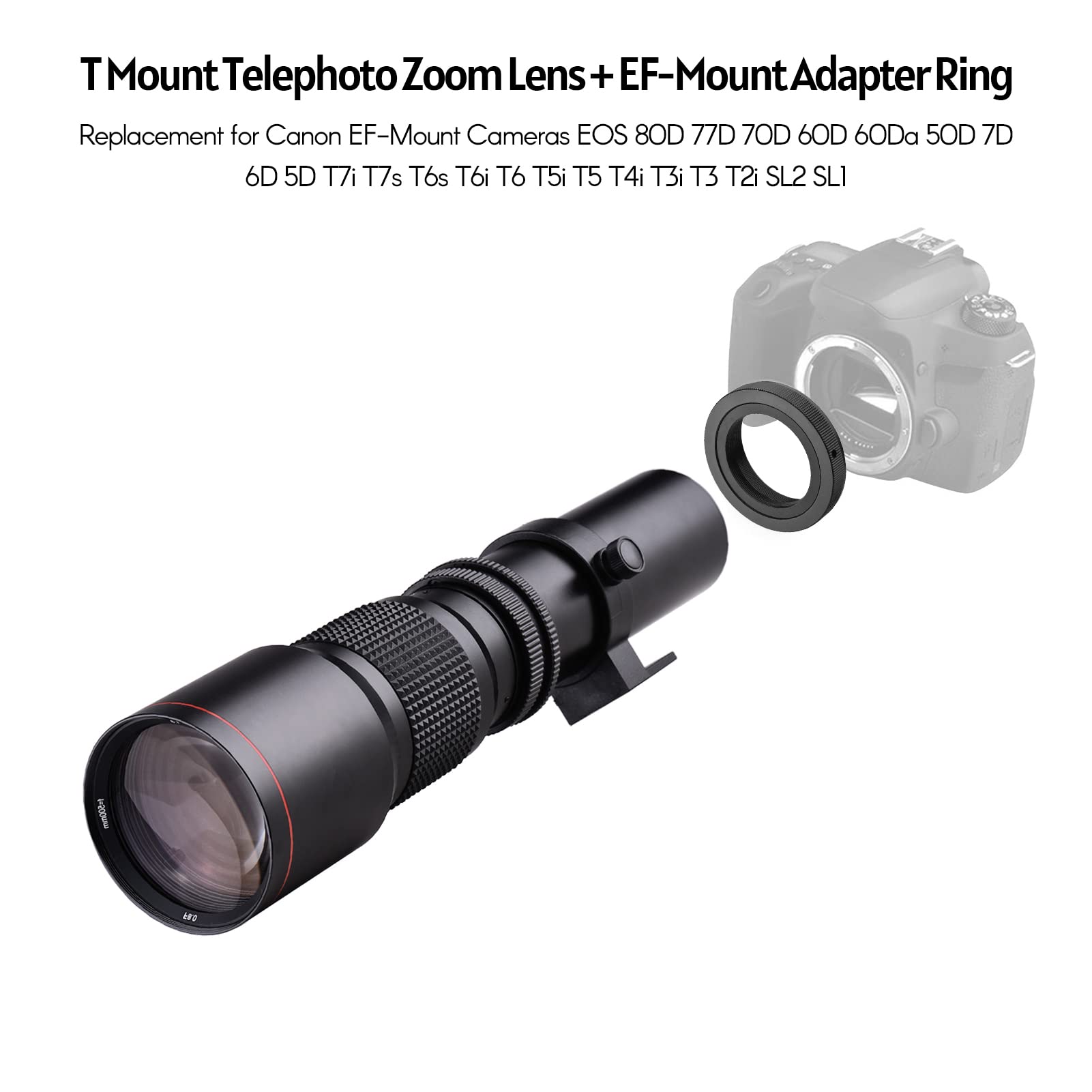 Andoer 500mm F/8.0-32 Manual Telephoto Zoom Lens with 2X Teleconverter & T2-EOS Adapter for Canon EOS Rebel T7/T6/T5/80D/70D - Perfect for Wildlife, Sports & Long-Distance Photography