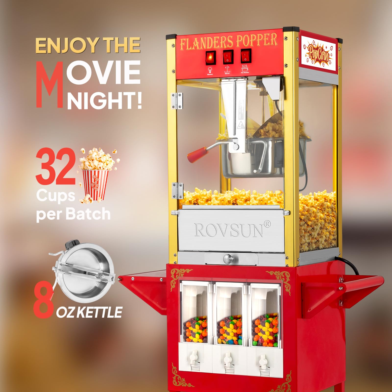 ROVSUN 8oz Commercial Popcorn Machine with Cart & Wheels - 850W Movie Theater Style Popcorn Maker for Home & Business Use, Includes Candy Dispenser, Scoop, Oil Spoon & 3 Popcorn Cups (Red) - Perfect for Movie Nights, Parties, Carnivals and Concession Stands