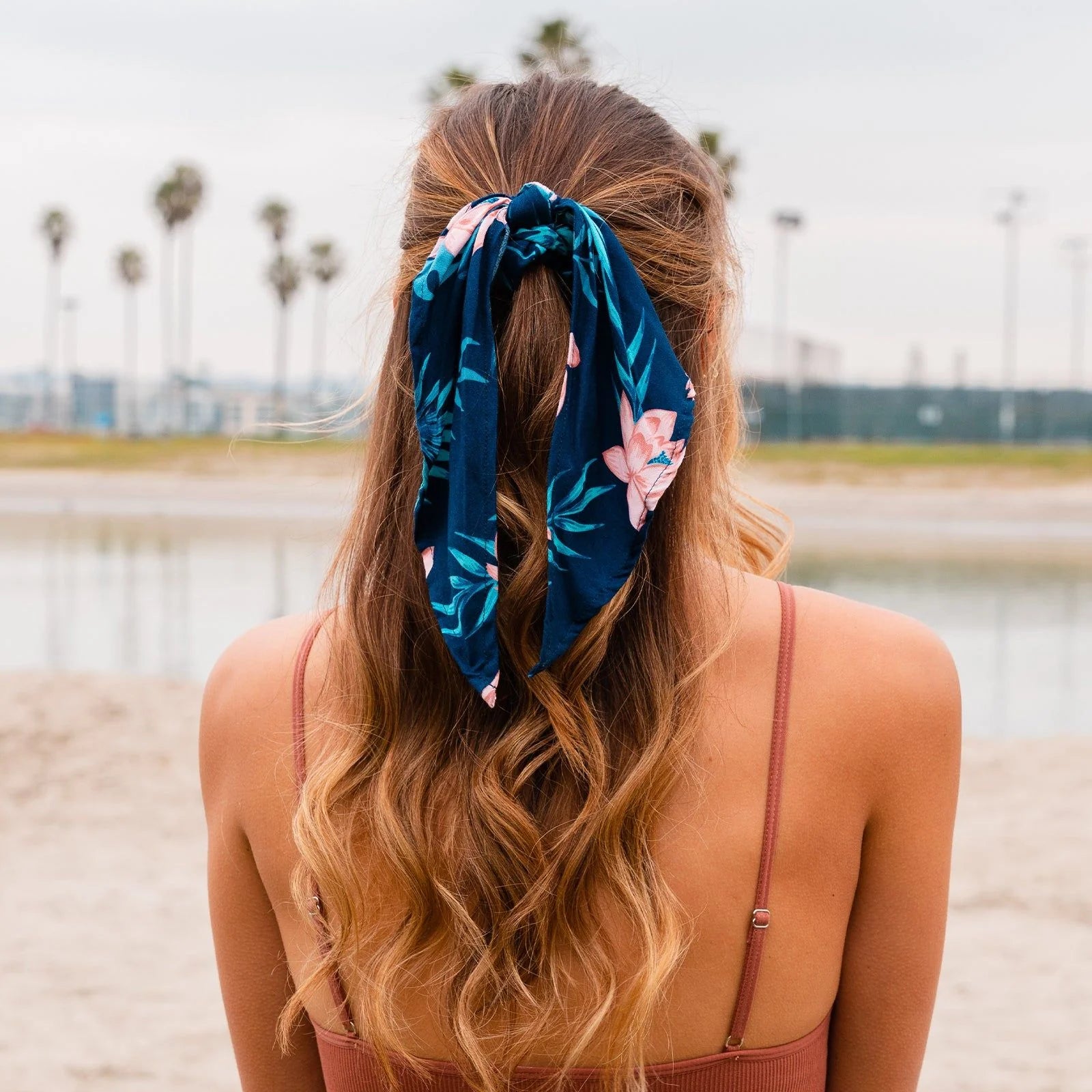 Dark Blue & Pink Tropical Scarf Scrunchie - Hair Accessory for Women, Girls - Perfect for Beach, Summer, and Boho Fashion