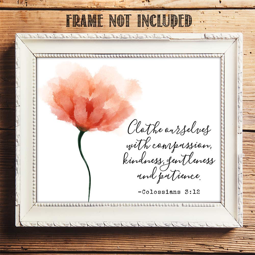 TJ Originals Christian Bible Verse Wall Art - Colossians 3:12 Inspirational Scripture Print 11x14, Compassion Quote Home Decor, Religious Gift for Women, Family & Friends (Flower Pastel) | Perfect for Living Room, Bedroom, Church & Office Decor