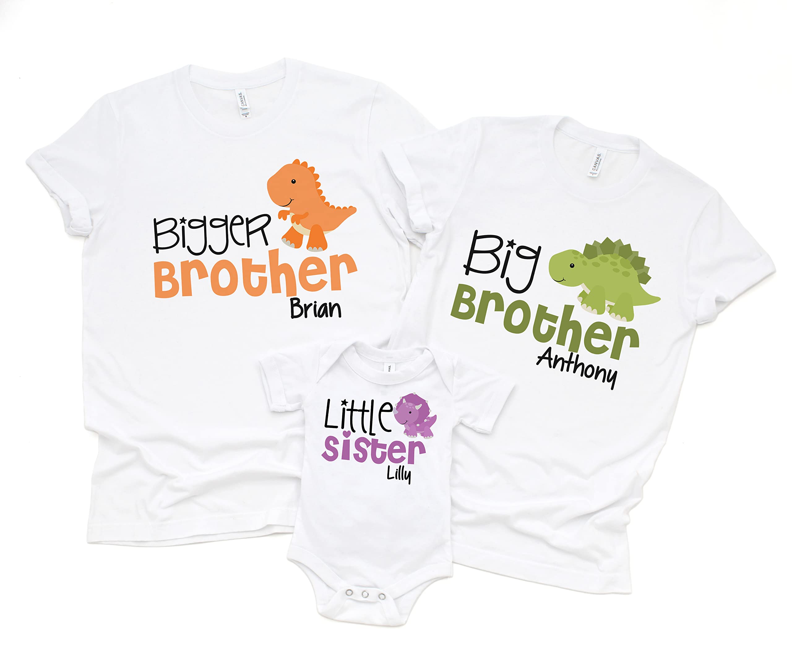 Personalized Big Brother Little Sister Dinosaur T-Shirt Set for Boys - 3 Pack Matching Sibling Outfits for Family Photos & Special Occasions