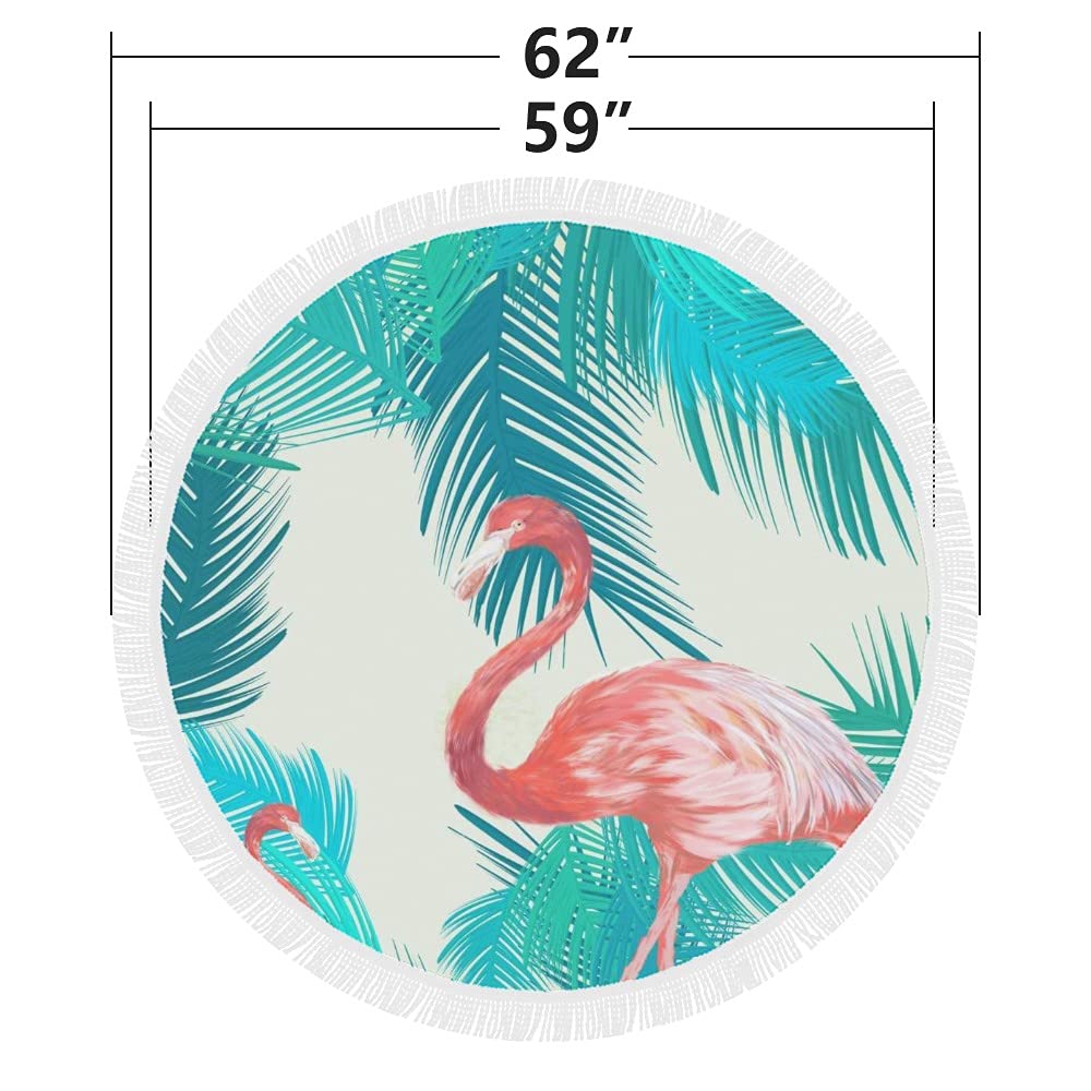 Flamingo and Palm Leaf Round Beach Towel - 59 Inch Large Soft Tassel Blanket for Adults & Kids - Perfect for Pool, Beach, Picnic and Outdoor Activities