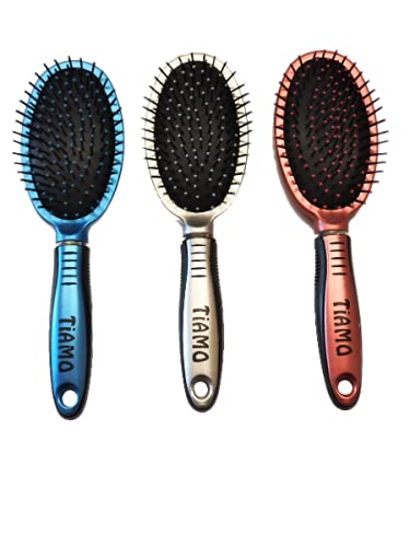 Flat Oval Plastic Hair Brush Set - Blue, Silver & Brown for Hair Styling & Detangling - Perfect for Home, Salon & Travel Use