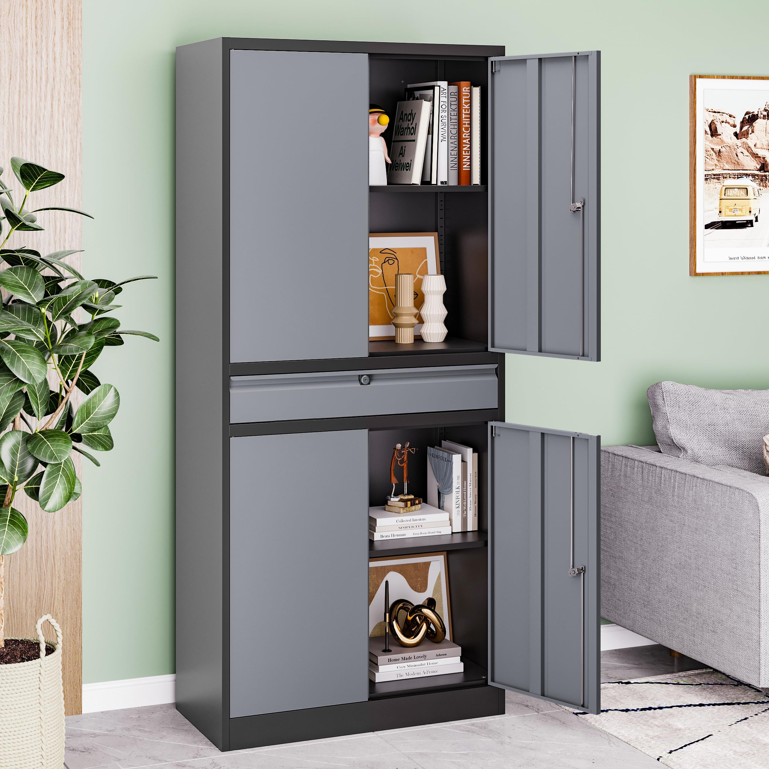 Heavy Duty Metal Storage Cabinet with Drawer - Locking Garage Cabinet with Adjustable Shelves for Home, Office & Warehouse Organization - Perfect for Tools, Supplies & Equipment Storage