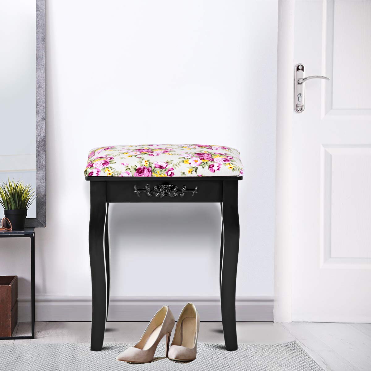 GOFLAME Vanity Stool with Rose Pattern - Solid Wood Legs, Padded Cushioned Makeup Chair - Large Capacity Storage Bench for Bedroom, Dressing Room & Vanity Area - Elegant Black Piano Stool for Women's Beauty Space