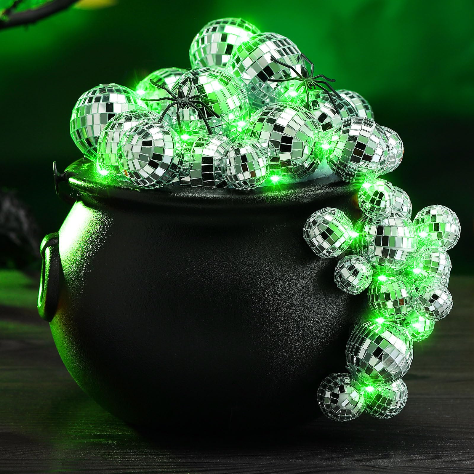 Jenaai 96 Pcs Halloween Party Decorations Kit - Plastic Witch Cauldron with Disco Bubbling Effect, 40 Ball Ornaments, 2 LED Light Strings, 20g Spider Webs, 2 Fake Spiders & 50 Adhesive Points - Perfect for Halloween Decor, Themed Parties & Spooky Home Decorations