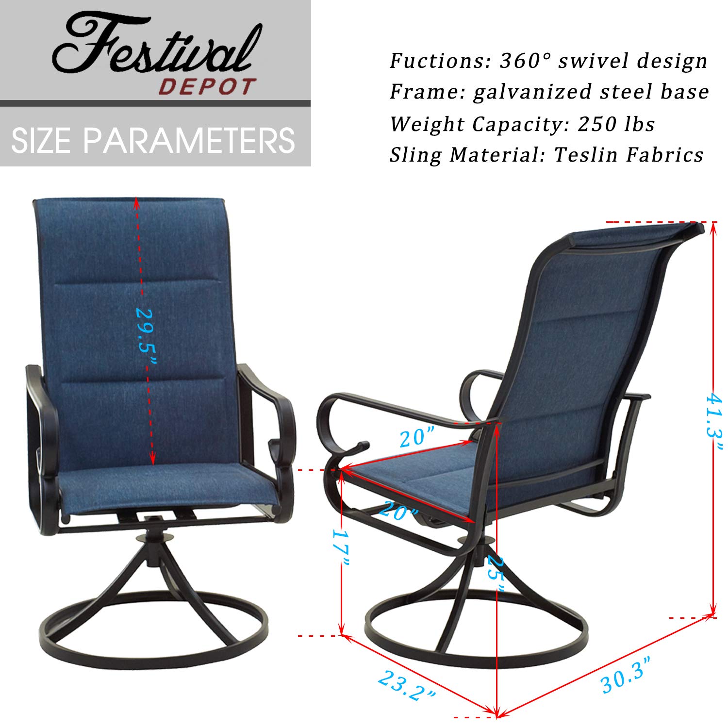 Festival Depot 8-Piece Patio Swivel Armchair Set - Outdoor Dining Chairs for Bistro, Deck & Garden (Blue) - Perfect for Backyard BBQs, Poolside Relaxation & Outdoor Entertaining