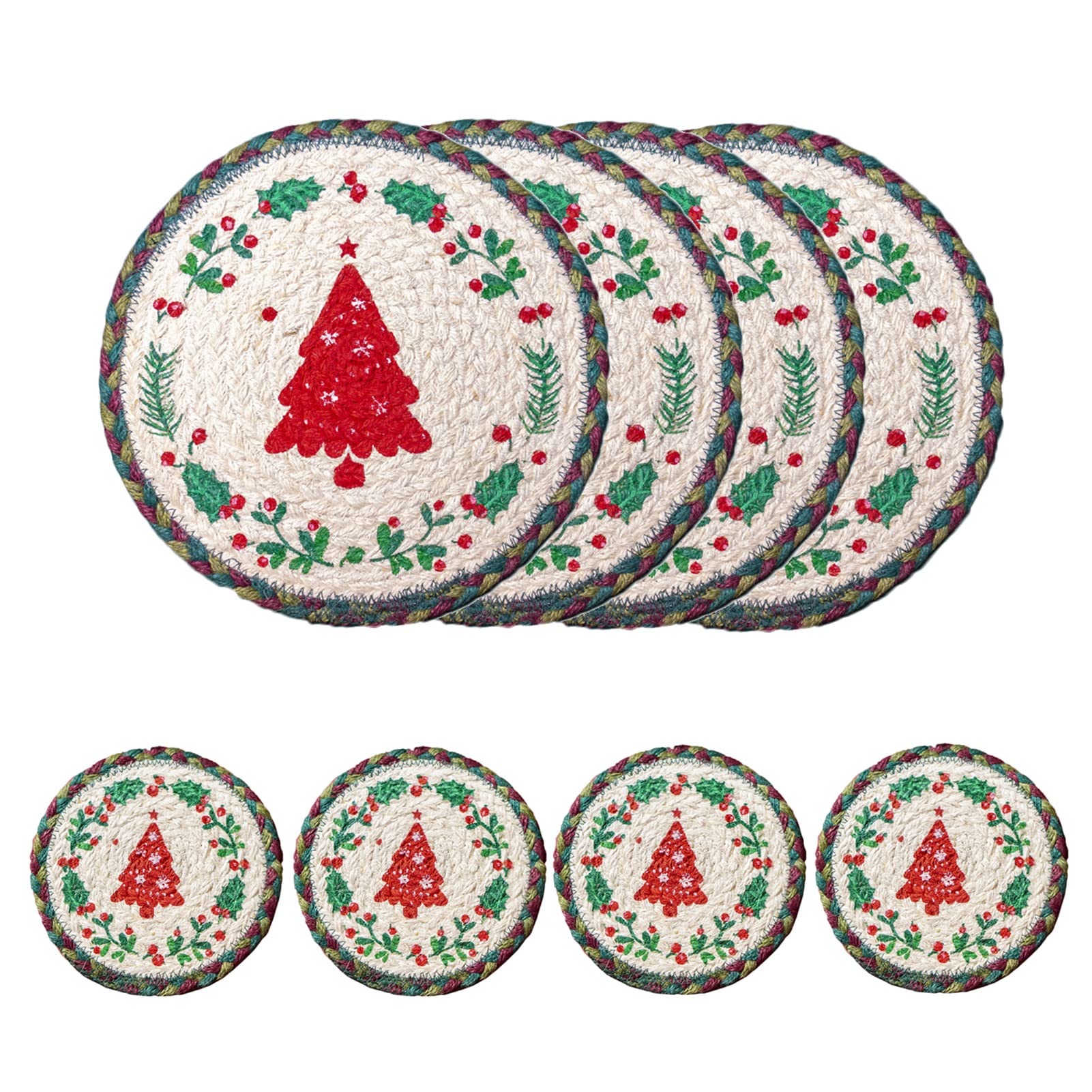 8 Pcs Christmas Coaster Set with Christmas Tree Print - Round Braided Table Mats for Dining & Coffee Table - Holiday Home Decor for Xmas Parties, Gift Exchange & Festive Gatherings