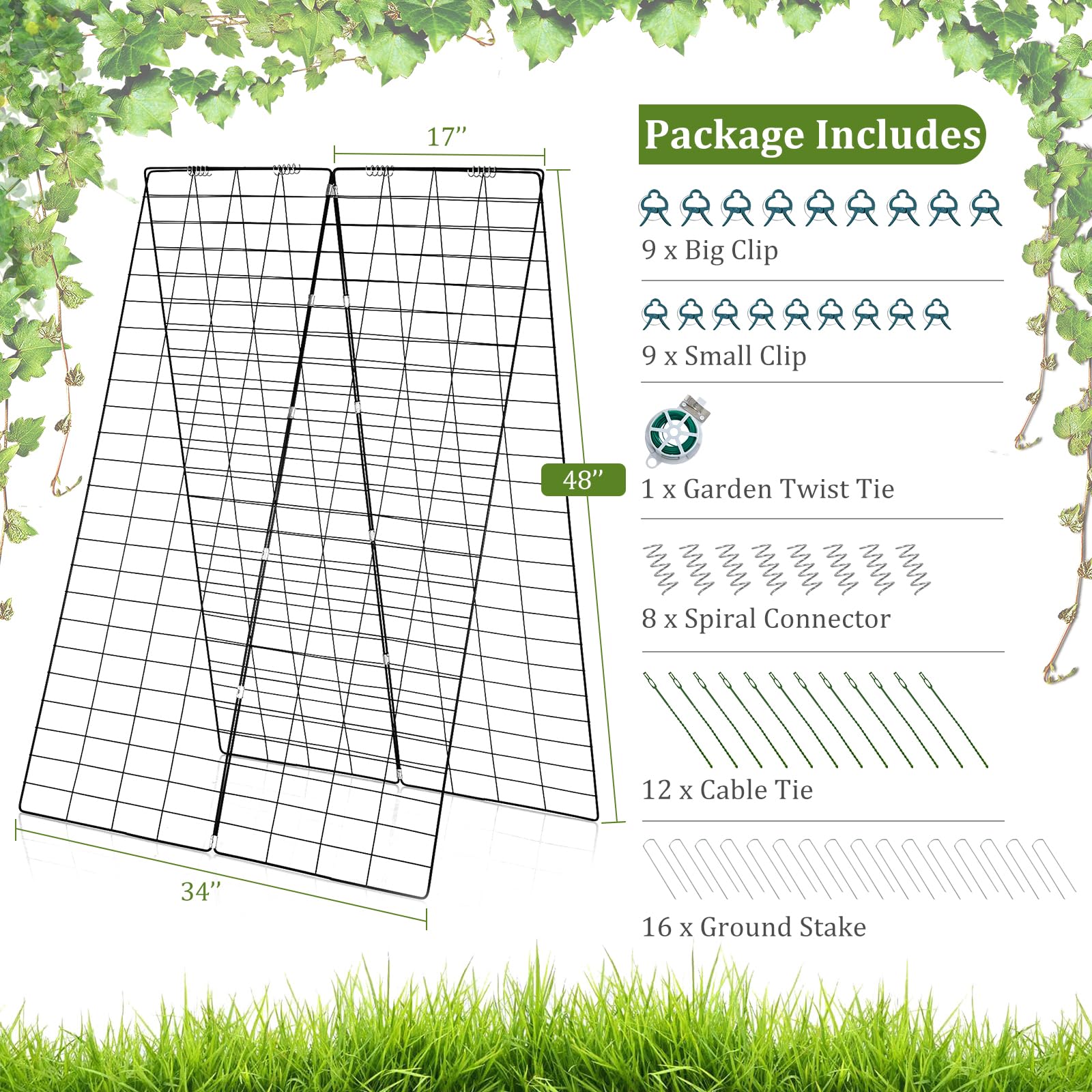 48 x 34 Inch Foldable A-Shape Cucumber Trellis for Garden - 8 PCS Plant Support with 18 Clips, 16 Stakes, 8 Spiral Connectors, 12 Cable Ties - Perfect for Climbing Plants, Vegetables, and Vines in Outdoor Gardens, Backyards, and Greenhouses