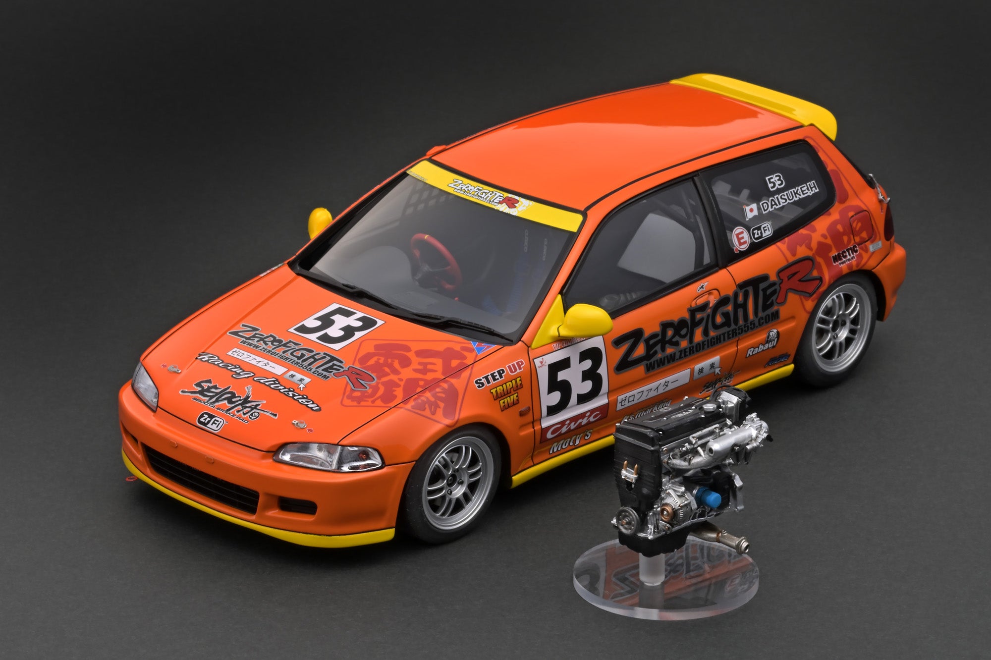 1:18 Scale Honda Civic EG6 ZERO FIGHTER Orange Diecast Model Car with B16A Engine - Collectible Display for Car Enthusiasts & Perfect Gift for Honda Fans